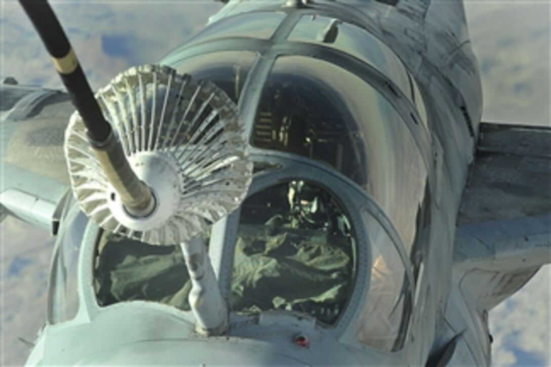 A U.S. Air Force KC-10 Extender aircraft from the 908th Expeditionary Aerial Refueling Squadron refuels a U.S. Navy EA-6B Prowler over Afghanistan on Nov. 7, 2008.  