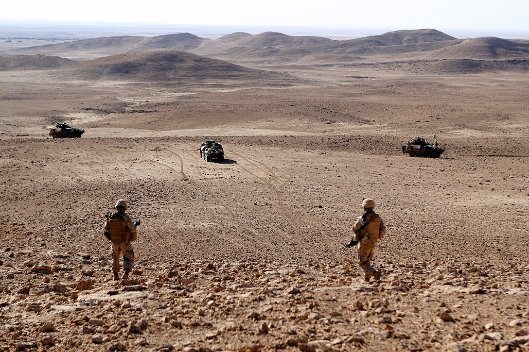 After patrolling through a wadi and searching its caves for evidence of smuggling, scouts from Company C, 1st Light Armored Reconnaissance Battalion move back toward their vehicles to conduct further Reconnaissance in the area west of Mosul. Task Force Ninewa, the ground-combat element for Operation Defeat Al Qaeda in the North II, is built around 1st Light Armored Reconnaissance Battalion (Task Force Highlander). It is comprised of Marines from 1st Tank Battalion, 1st Battalion 2nd Marine Regiment, as well as augments from ANGLICO, Explosive Ordinance Disposal, and other combat assets of the 1st Marine Expeditionary Force, and now controls the open areas of northern Iraq near Mosul.