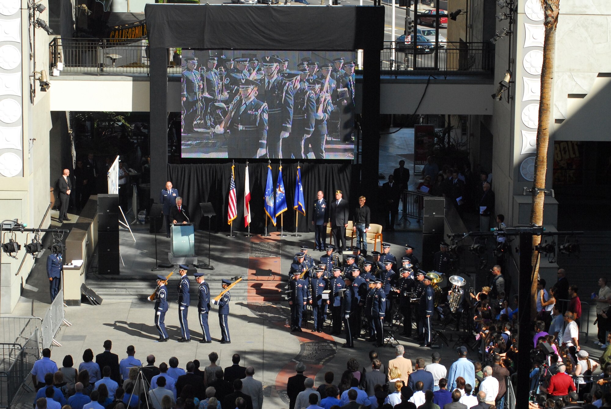Air Force Week kicked off with a proclamation ceremony at Hollywood & Highland Center, Nov. 14. An Air Force Honor Guard drill demonstration, U.S. Air Force Band of the Golden West performance, an aerial review and Today’s Airmen were featured at the event. Air Force Space Command Commander Gen. C. Robert Kehler was the keynote speaker. Aerial flyovers, military band concerts and Air Force-themed film festivals are planned during the week-long extravaganza showcasing the U.S. Air Force, its people and their mission.  Events will be held throughout Southern California, Nov. 14-21. (Photo by Joe Juarez)