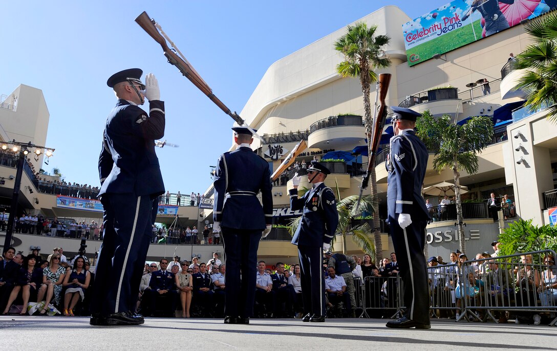 The Air Force Honor Guard Drill Team performs Nov. 14 at Hollywood and Highland Plaza in Los Angeles during the opening ceremonies for Air Force Week-Los Angeles. The drill team performance was one of many attractions at the event. Others included flyovers by several different Air Force aircraft, interactive expos and performances by the Air Force band. Air Force Week-Los Angeles is Nov. 14 to 21 and has events throughout the area. (U.S. Air Force photo/Staff Sgt. Bennie J. Davis III) 