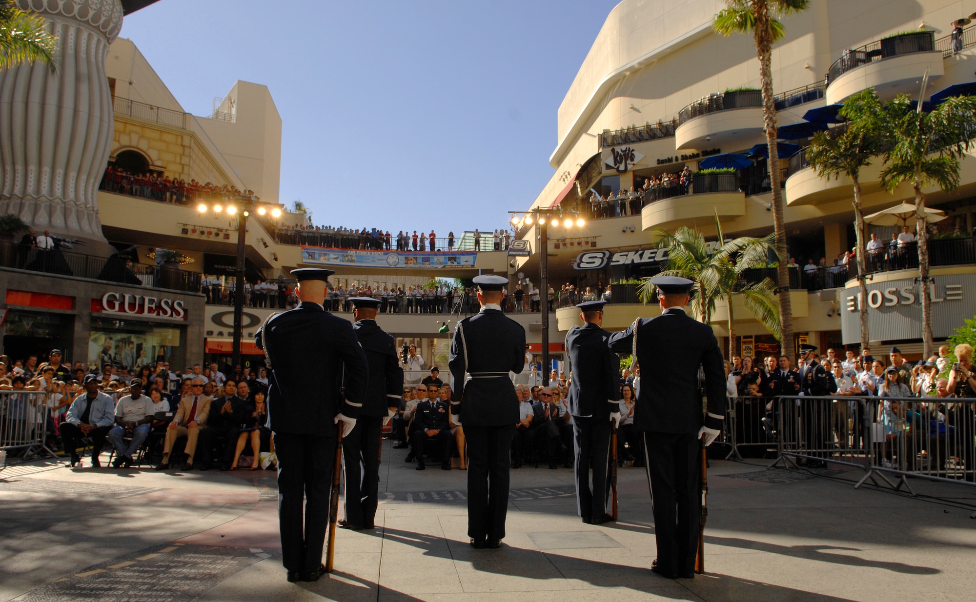 The Air Force Honor Guard Drill Team performs Nov. 14 at Hollywood and Highland in Los Angeles for the opening ceremonies for Air Force Week-Los Angeles. The drill team performance was one of many attractions at the event. Others included flyovers by several different Air Force aircraft, interactive expos and performances by the Air Force band.  Air Force Week-Los Angeles is Nov. 14 to 21 and has events throughout the area.  (U.S. Air Force photo/Senior Airman Tim Chacon)