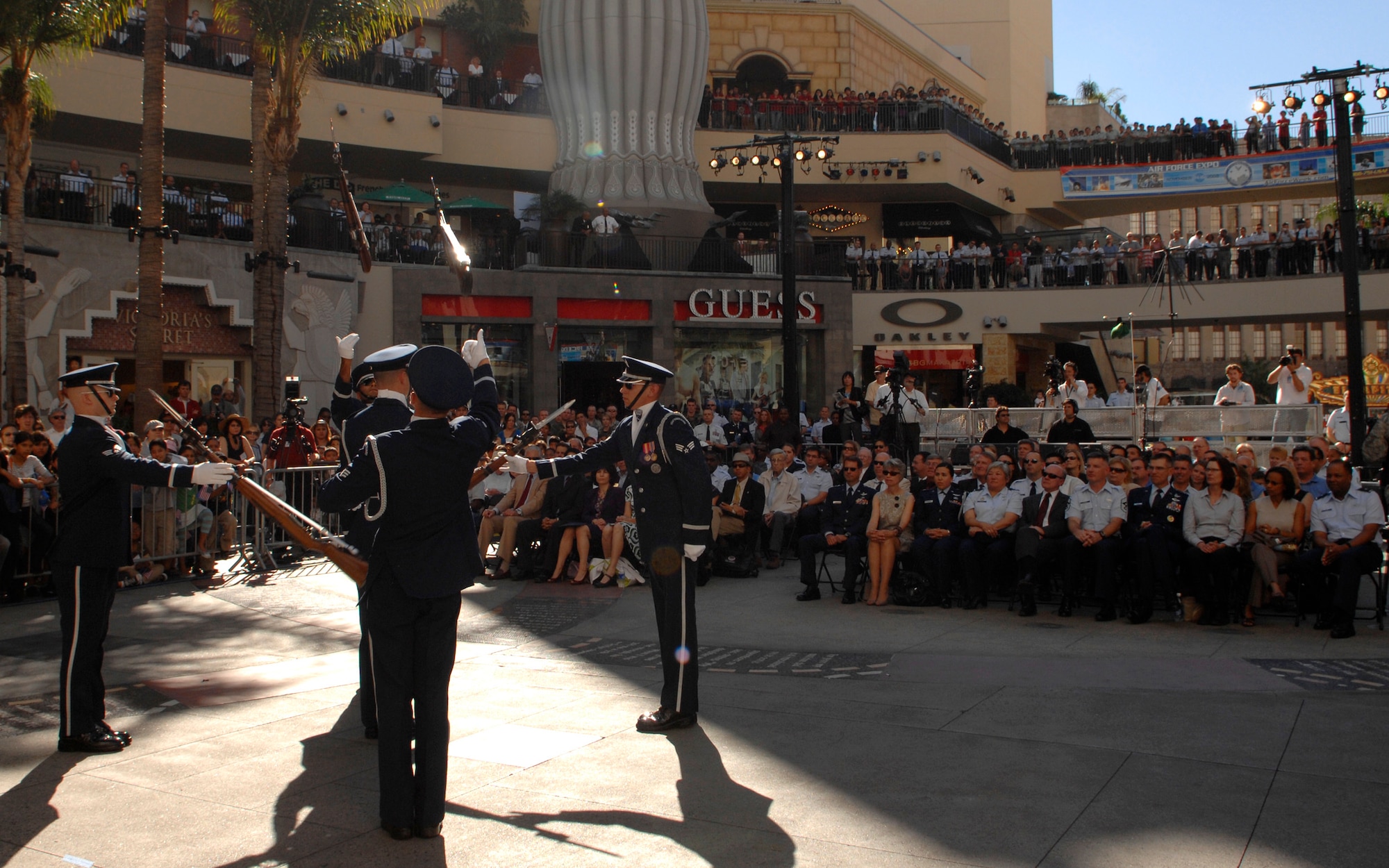 The Air Force Honor Guard Drill Team performs Nov. 14 at Hollywood and Highland in Los Angeles for the opening ceremonies for Air Force Week-Los Angeles. The drill team performance was one of many attractions at the event. Others included flyovers by several different Air Force aircraft, interactive expos and performances by the Air Force band.  Air Force Week-Los Angeles is Nov. 14 to 21 and has events throughout the area.  (U.S. Air Force photo/Senior Airman Tim Chacon)