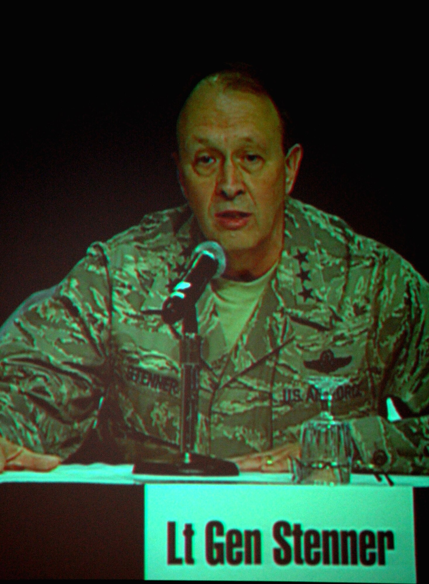 Lt. Gen. Charles Stenner, chief of the Air Force Reserve, answers a question as a member of the Total Force Leadership Panel for the 2008 Airlift/Tanker Association convention Nov. 8 in Aneheim, Calif.  The panel also included Gen. Duncan McNabb, U.S. Transportation Command commander, Gen. Victor Renuart, U.S. Northern Command commander, Gen. Carlson, Air Force Material Command commander, Gen. Roger Brady, U.S. Air Forces in Europe commander, Gen. Arthur Lichte, Air Mobility Command commander, Gen. Stephen Lorenz, Air Education and Training Command commander, Lt. Gen. Craig McKinley, Air National Gaurd director, and Lt. Gen. Donald Wurster, Air Force Special Operations Command commander.  (U.S. Air Force Photo/Tech. Sgt. Scott T. Sturkol)