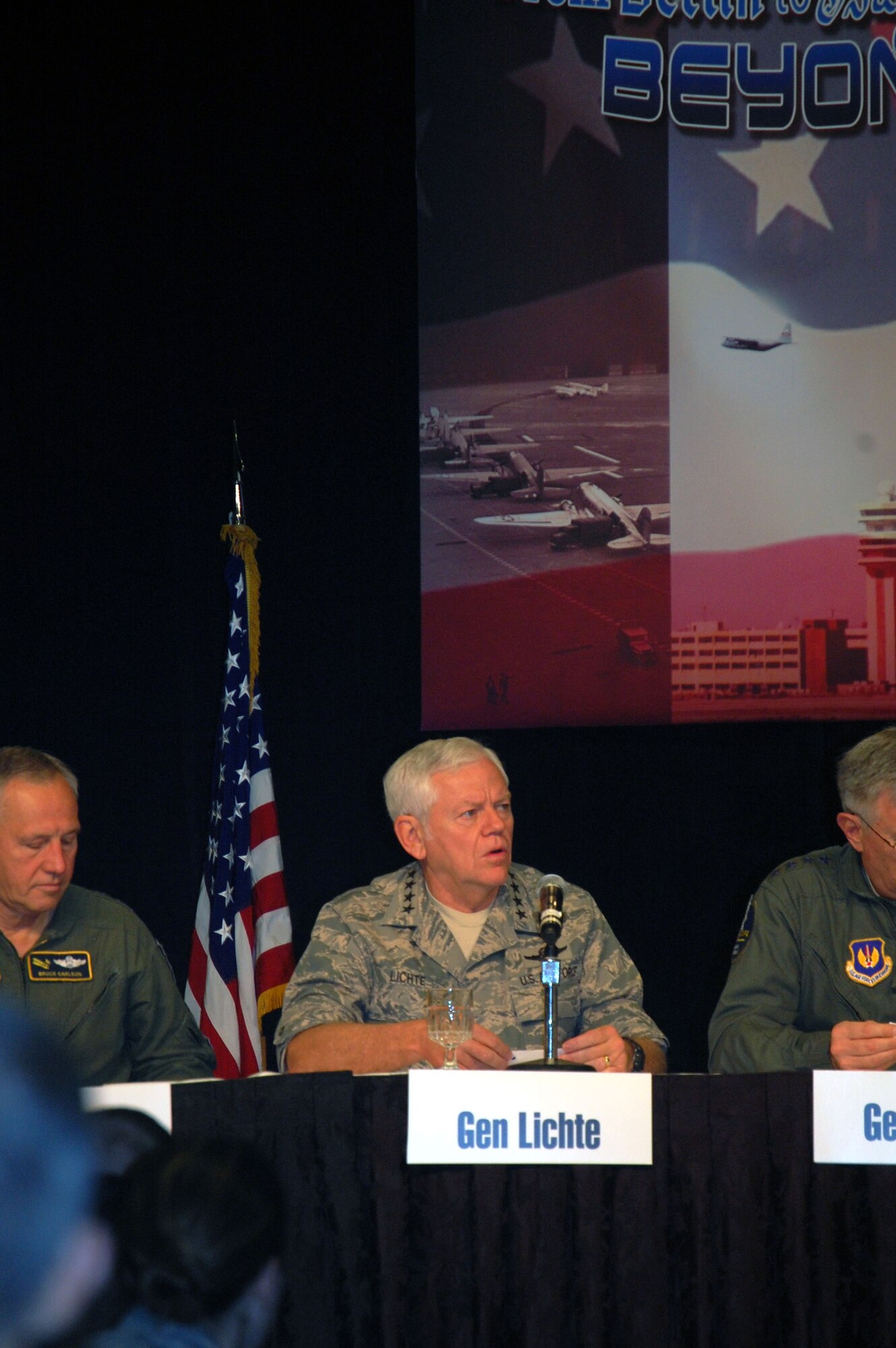Gen. Arthur Lichte, Air Mobility Command commander, answers a question as a member of the Total Force Leadership Panel for the 2008 Airlift/Tanker Association convention Nov. 8 in Aneheim, Calif.  The panel also included Gen. Duncan McNabb, U.S. Transportation Command commander, Gen. Victor Renuart, U.S. Northern Command commander, Gen. Carlson, Air Force Material Command commander, Gen. Roger Brady, U.S. Air Forces in Europe commander, Gen. Stephen Lorenz, Air Education and Training Command commander, Lt. Gen. Craig McKinley, Air National Gaurd director, Lt. Gen. Donald Wurster, Air Force Special Operations Command commander, and Lt. Gen. Charles Stenner, chief of the Air Force Reserve.  (U.S. Air Force Photo/Tech. Sgt. Scott T. Sturkol)
