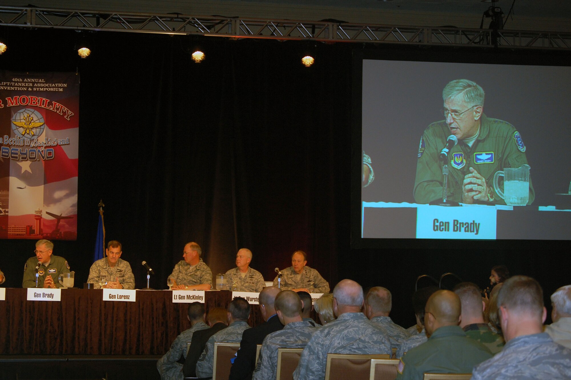 Gen. Roger Brady, U.S. Air Forces in Europe commander, answers a question as a member of the Total Force Leadership Panel for the 2008 Airlift/Tanker Association convention Nov. 8 in Aneheim, Calif.  The panel also included Gen. Duncan McNabb, U.S. Transportation Command commander, Gen. Victor Renuart, U.S. Northern Command commander, Gen. Carlson, Air Force Material Command commander, Gen. Stephen Lorenz, Air Education and Training Command commander, Lt. Gen. Craig McKinley, Air National Gaurd director, Lt. Gen. Donald Wurster, Air Force Special Operations Command commander, and Lt. Gen. Charles Stenner, chief of the Air Force Reserve.  (U.S. Air Force Photo/Tech. Sgt. Scott T. Sturkol)