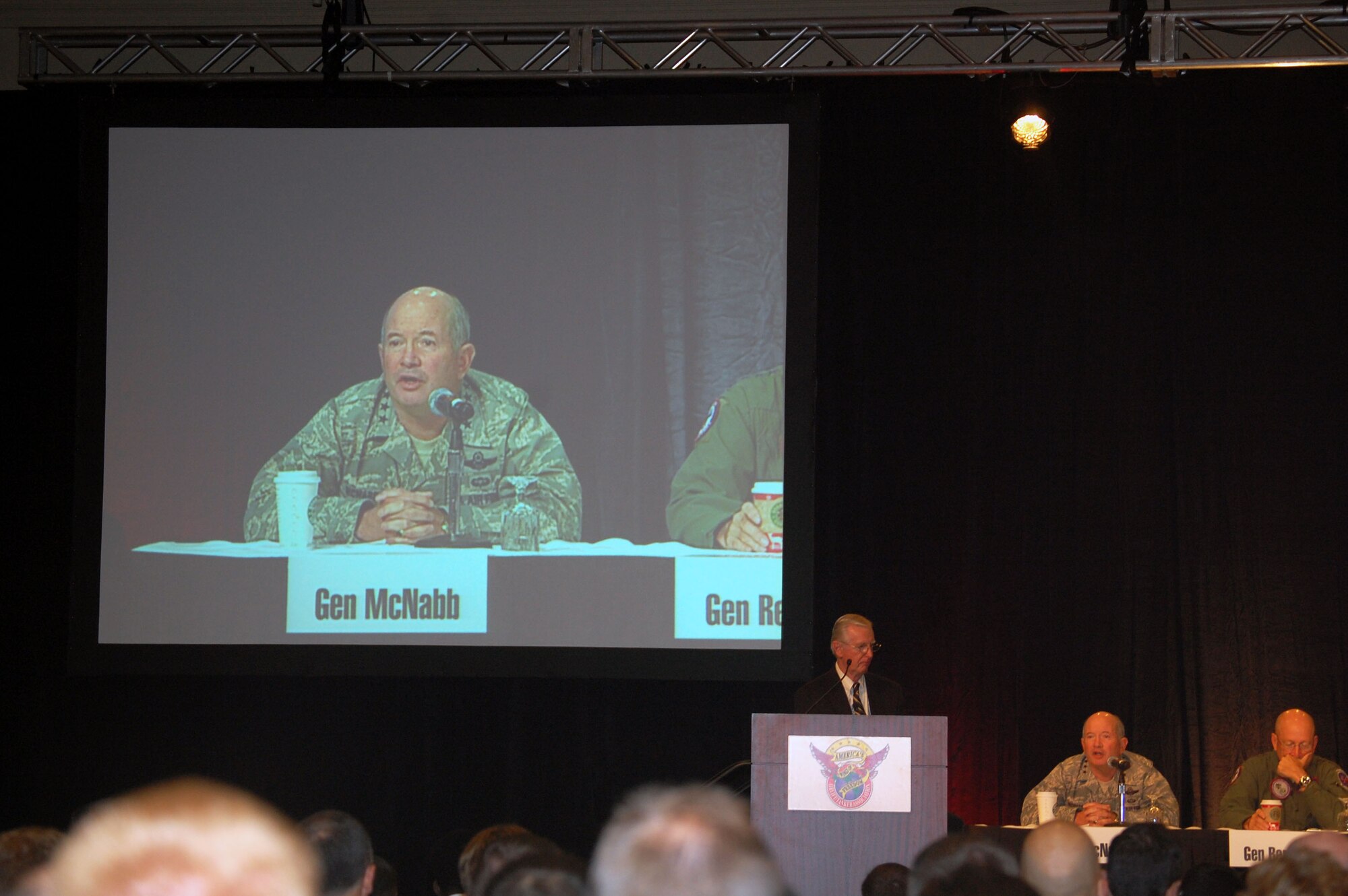 Gen. Duncan McNabb, U.S. Transportation Command commander, answers a question as a member of the Total Force Leadership Panel for the 2008 Airlift/Tanker Association convention Nov. 8 in Aneheim, Calif.  The panel also included Gen. Victor Renuart, U.S. Northern Command commander, Gen. Carlson, Air Force Material Command commander, Gen. Roger Brady, U.S. Air Forces in Europe commander, Gen. Stephen Lorenz, Air Education and Training Command commander, Lt. Gen. Craig McKinley, Air National Gaurd director, Lt. Gen. Donald Wurster, Air Force Special Operations Command commander, and Lt. Gen. Charles Stenner, chief of the Air Force Reserve.  (U.S. Air Force Photo/Tech. Sgt. Scott T. Sturkol)