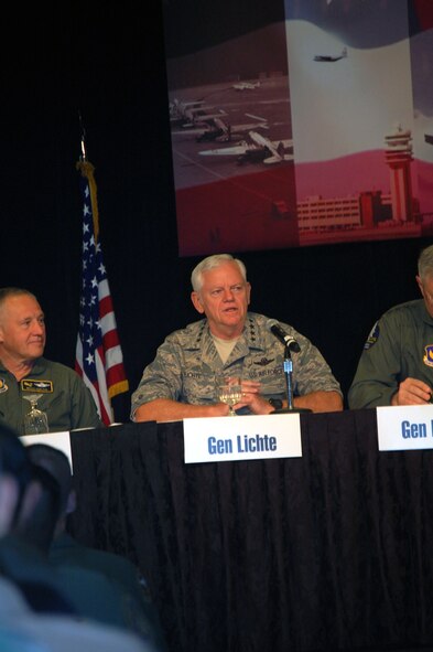 Gen. Arthur Lichte, Air Mobility Command commander, answers a question as a member of the Total Force Leadership Panel for the 2008 Airlift/Tanker Association convention Nov. 8 in Aneheim, Calif.  The panel also included Gen. Duncan McNabb, U.S. Transportation Command commander, Gen. Victor Renuart, U.S. Northern Command commander, Gen. Carlson, Air Force Material Command commander, Gen. Roger Brady, U.S. Air Forces in Europe commander, Gen. Stephen Lorenz, Air Education and Training Command commander, Lt. Gen. Craig McKinley, Air National Gaurd director, Lt. Gen. Donald Wurster, Air Force Special Operations Command commander, and Lt. Gen. Charles Stenner, chief of the Air Force Reserve.  (U.S. Air Force Photo/Tech. Sgt. Scott T. Sturkol)