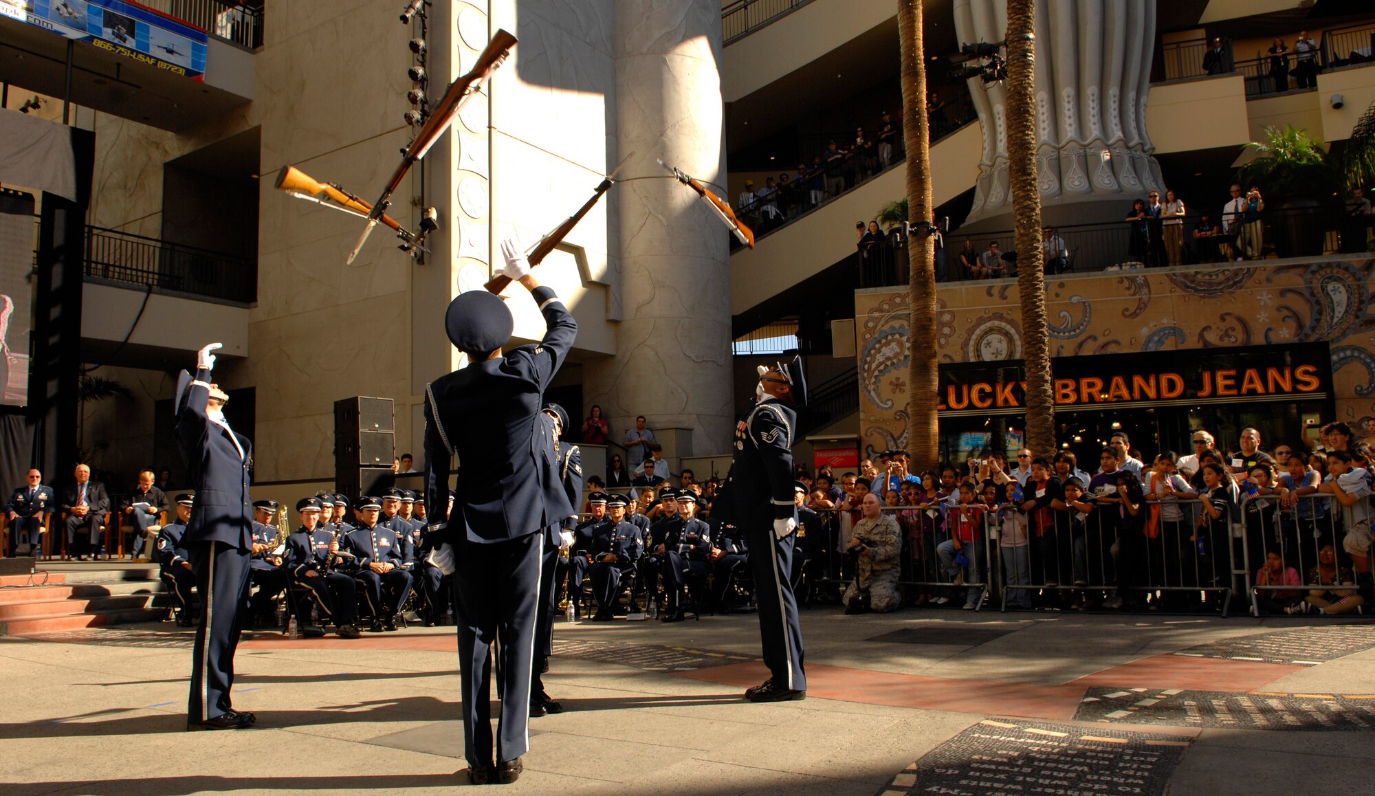 The United States Air Force Honor Guard Drill Team performs Nov. 14 at Hollywood, Calif. and Highland in Los Angeles for the opening ceremonies for Air Force Week in Los Angeles. The Drill Team performance was one of many attractions at the event. Other events included flyovers from several different Air Force aircraft, interactive expositions and performances by the Air Force Band. The event was hosted by Gen. Robert Kehler, Air Force Space Command commander. Air Force Week in Los Angeles is Nov. 14-21. For more information, call (866) 751 8723 or visit www.AirForceWeek.com. (U.S. Air Force photo by Senior Airman Tim Chacon)