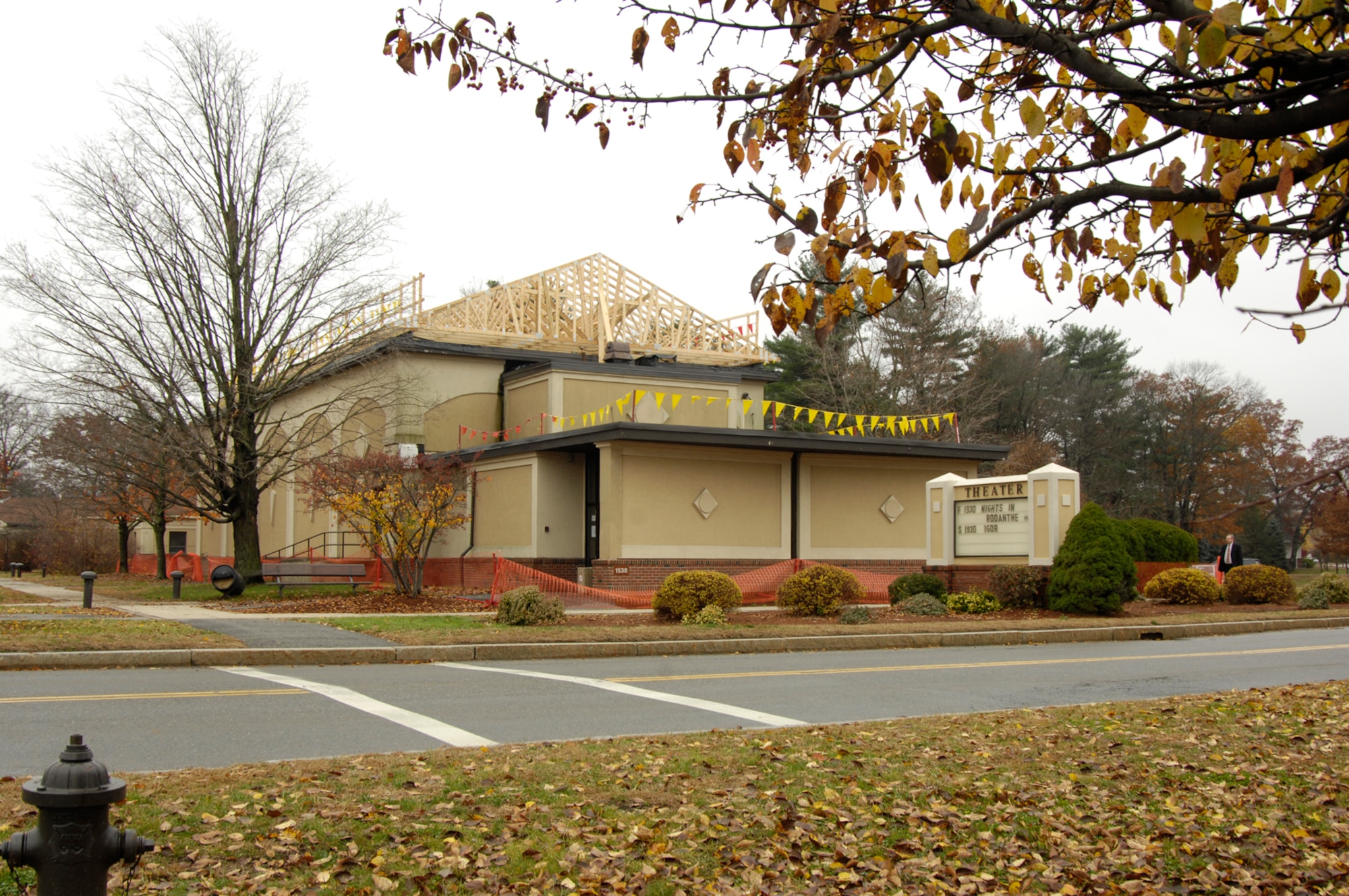 HANSCOM AIR FORCE BASE, Mass. – Hanscom’s Base Theater is undergoing construction work to install a new pitched roof to replace the older flat roof that was in need of repair. Work on the roof is expected to be completed at the end of the month. (U.S. Air Force photo by Linda LaBonte Britt)