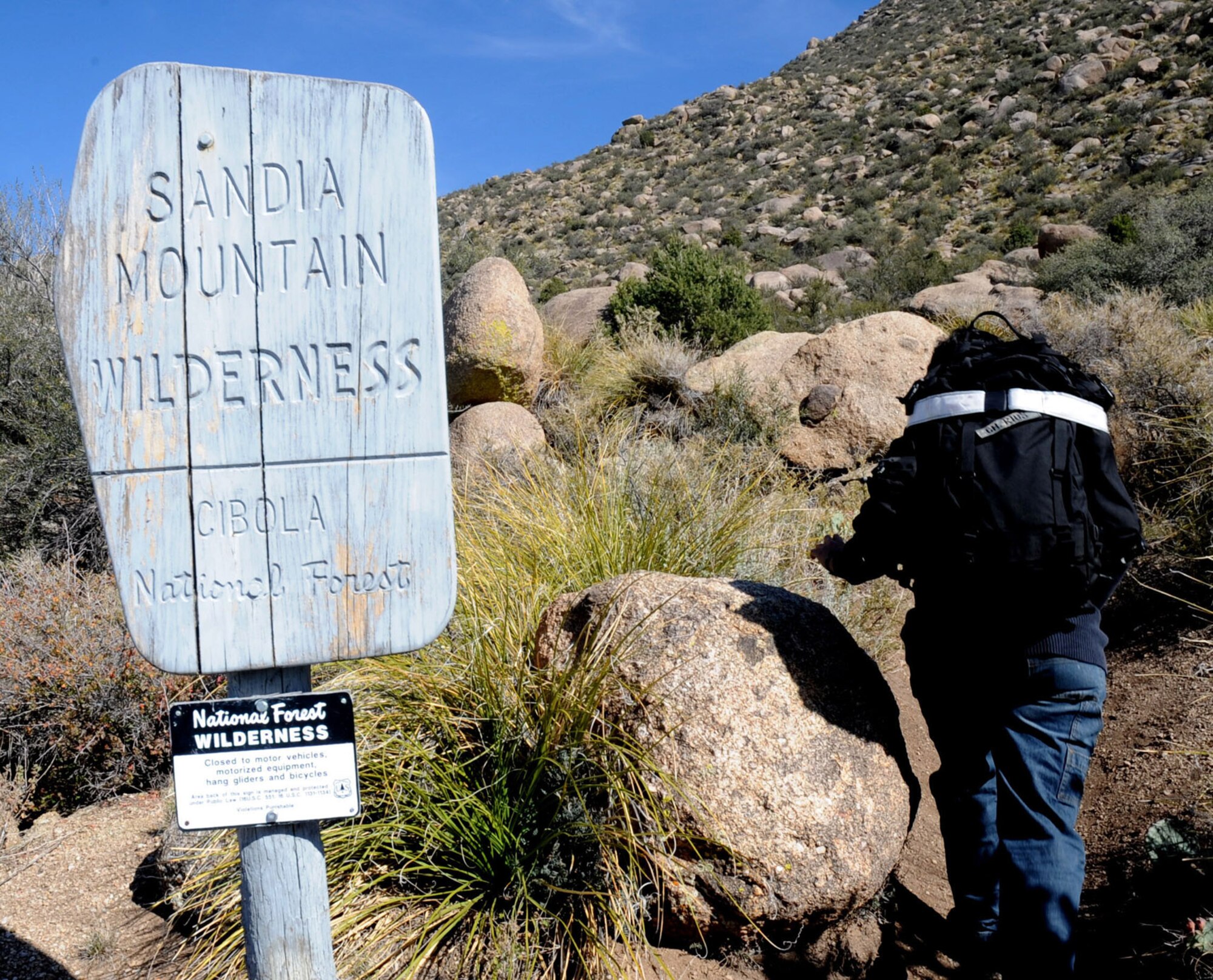 CANNON AIR FORCE BASE, N.M.-- Chaplain (Capt.) Eusebia Rios, 27th Special Operations Wing Chapel, begins the trek up Sandia Mountain in Albuquerque, N.M., Nov. 1. Chaplain Rios served a major role in preparing the hiking trip and other upcoming events available to all enlisted Airmen. (U.S Air Force photo by Airman 1st Class Evelyn Chavez)