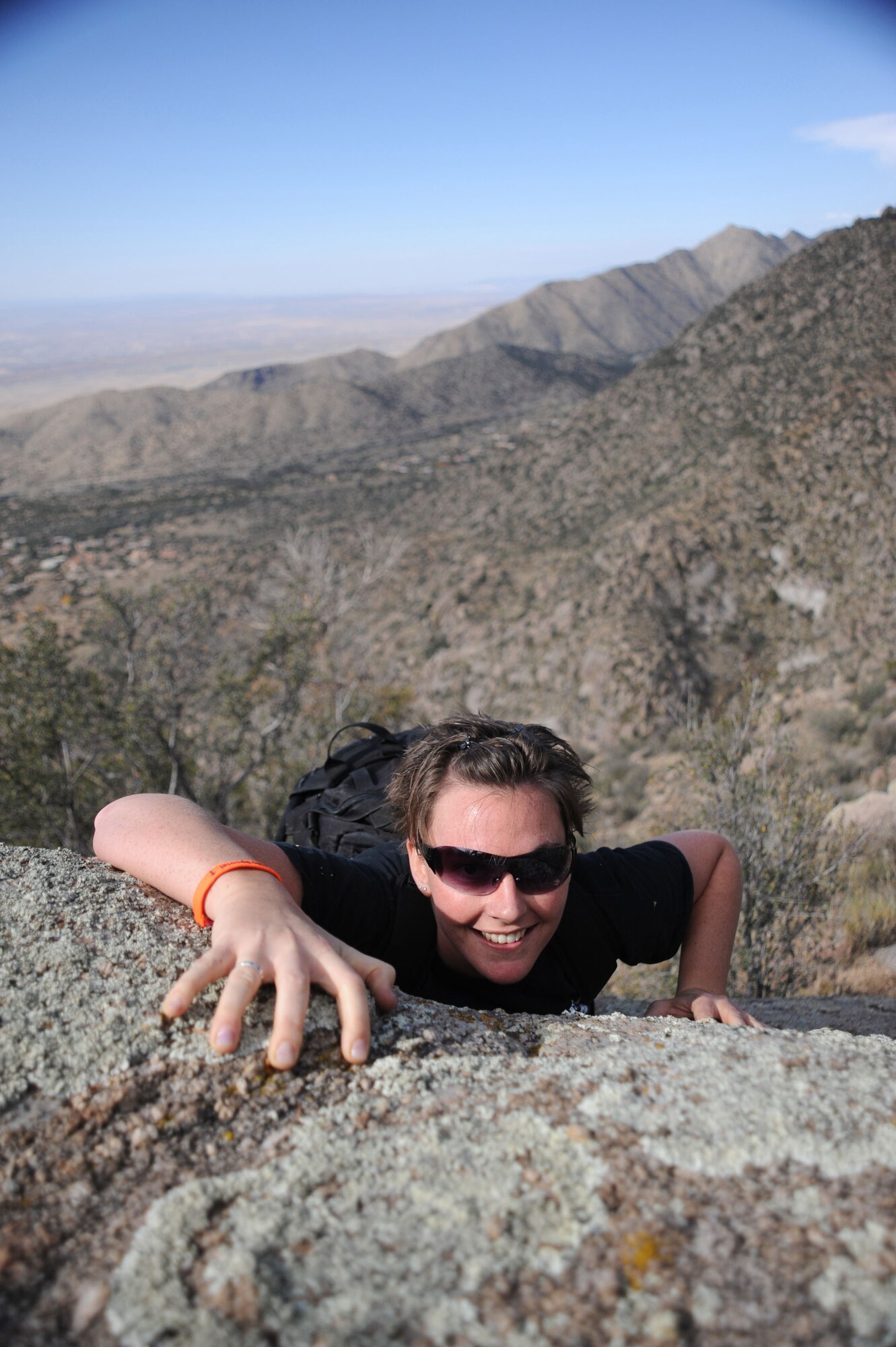 CANNON AIR FORCE BASE, N.M.--Airman 1st Class Stacey Dean, 27th Special Operations Aerospace Medicine Squadron, climbs up Sandia Mountain in Albuquerque, N.M., Nov. 1. Along with a Chaplain and 14 other enlisted Airmen, Airman Dean took advantage of the free hiking trip hosted by the base Chapel. (U.S. Air Force photo by Airman Maynelinne De La Cruz)  