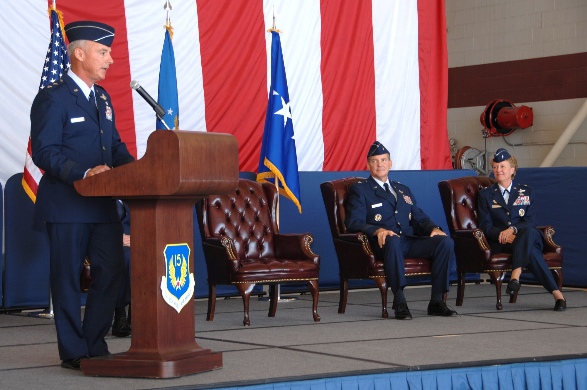 Maj. Gen. Winfield W. Scott III, 18th Air Force commander, speaks at the 15th Expeditionary Mobility Task Force change of command ceremony at Travis Air Force Base, Calif., Nov. 13. (U.S. Air Force photo/Nan Wylie)