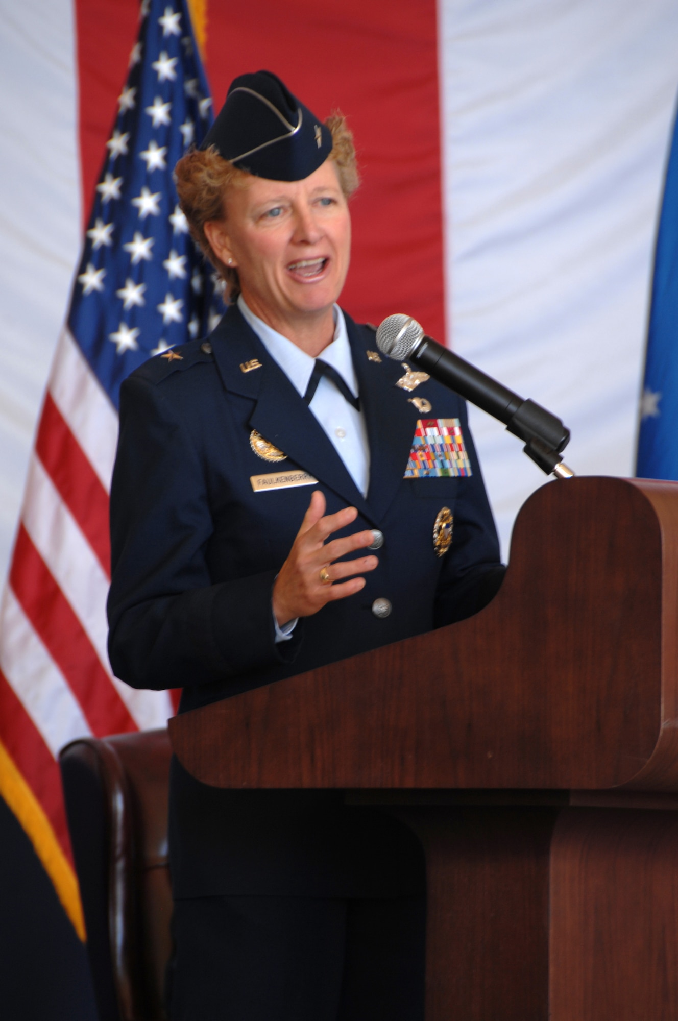 Brig. Gen. Barbara J. Faulkenberry, 15th Expeditionary Mobility Task Force commander, addresses the crowd after taking command of the task force during a change of command ceremony at Travis Air Force Base, Calif., Nov. 13. (U.S. Air Force photo/Nan Wylie)