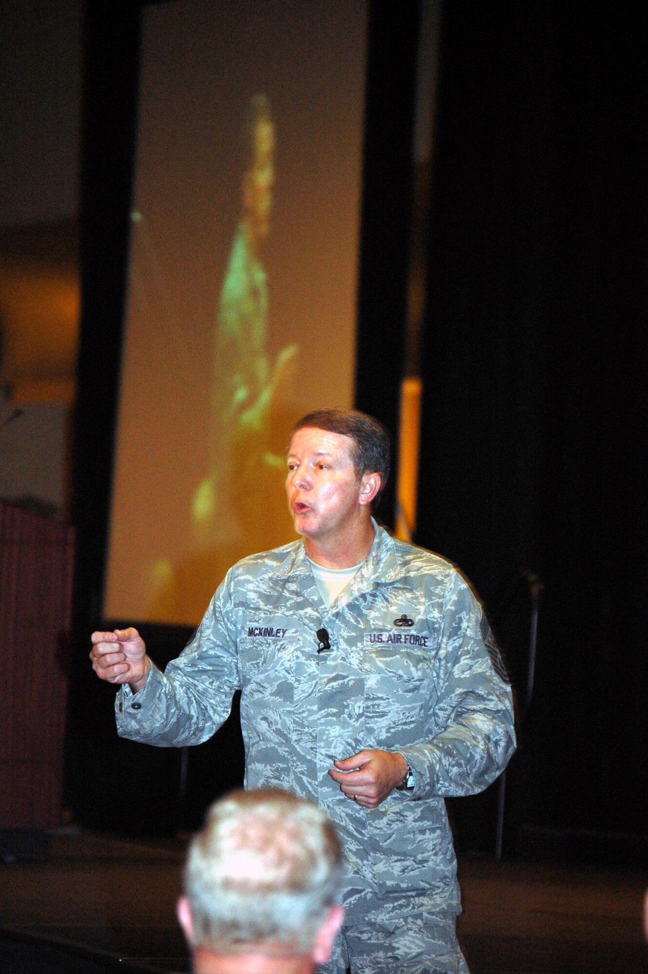 Chief Master Sgt. of the Air Force Rodney J. McKinley talks to several hundred attendees to the 2008 Airlift/Tanker Association convention Nov. 7 in Anaheim, Calif.  Chief McKinley hit on numerous issues across the Air Force and noted that everywhere he goes the "thing that amazes me is our Airmen." (U.S. Air Force Photo/Tech. Sgt. Scott T. Sturkol)