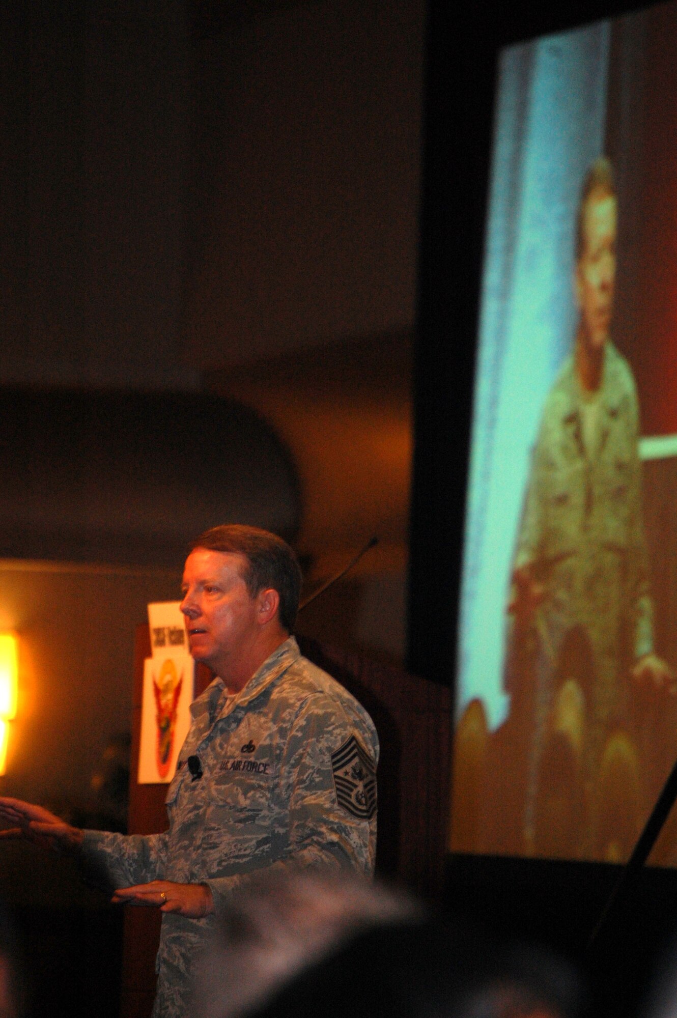 Chief Master Sgt. of the Air Force Rodney J. McKinley talks to several hundred attendees to the 2008 Airlift/Tanker Association convention Nov. 7 in Anaheim, Calif.  Chief McKinley hit on numerous issues across the Air Force and noted that everywhere he goes the "thing that amazes me is our Airmen." (U.S. Air Force Photo/Tech. Sgt. Scott T. Sturkol)