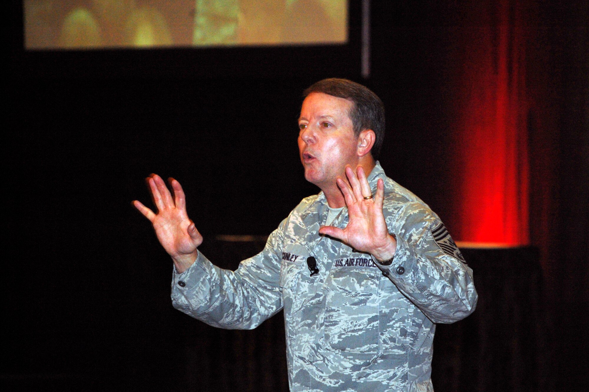 Chief Master Sgt. of the Air Force Rodney J. McKinley talks to several hundred attendees to the 2008 Airlift/Tanker Association convention Nov. 7 in Anaheim, Calif.  Chief McKinley hit on numerous issues across the Air Force and noted that everywhere he goes the "thing that amazes me is our Airmen." (U.S. Air Force Photo/Tech. Sgt. Scott T. Sturkol)