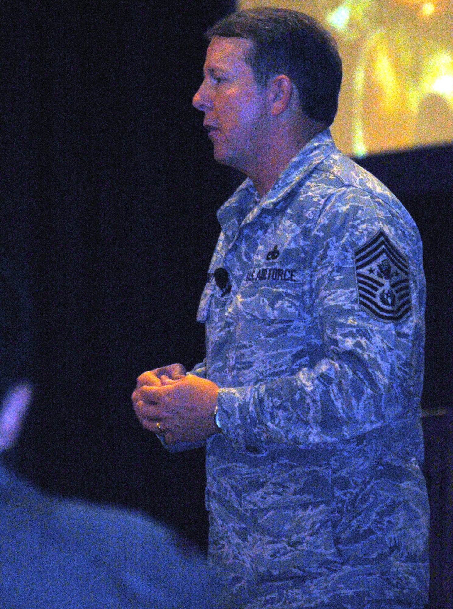 Chief Master Sgt. of the Air Force Rodney J. McKinley talks to several hundred attendees to the 2008 Airlift/Tanker Association convention Nov. 7 in Anaheim, Calif.  Chief McKinley hit on numerous issues across the Air Force and noted that everywhere he goes the "thing that amazes me is our Airmen." (U.S. Air Force Photo/Tech. Sgt. Scott T. Sturkol)