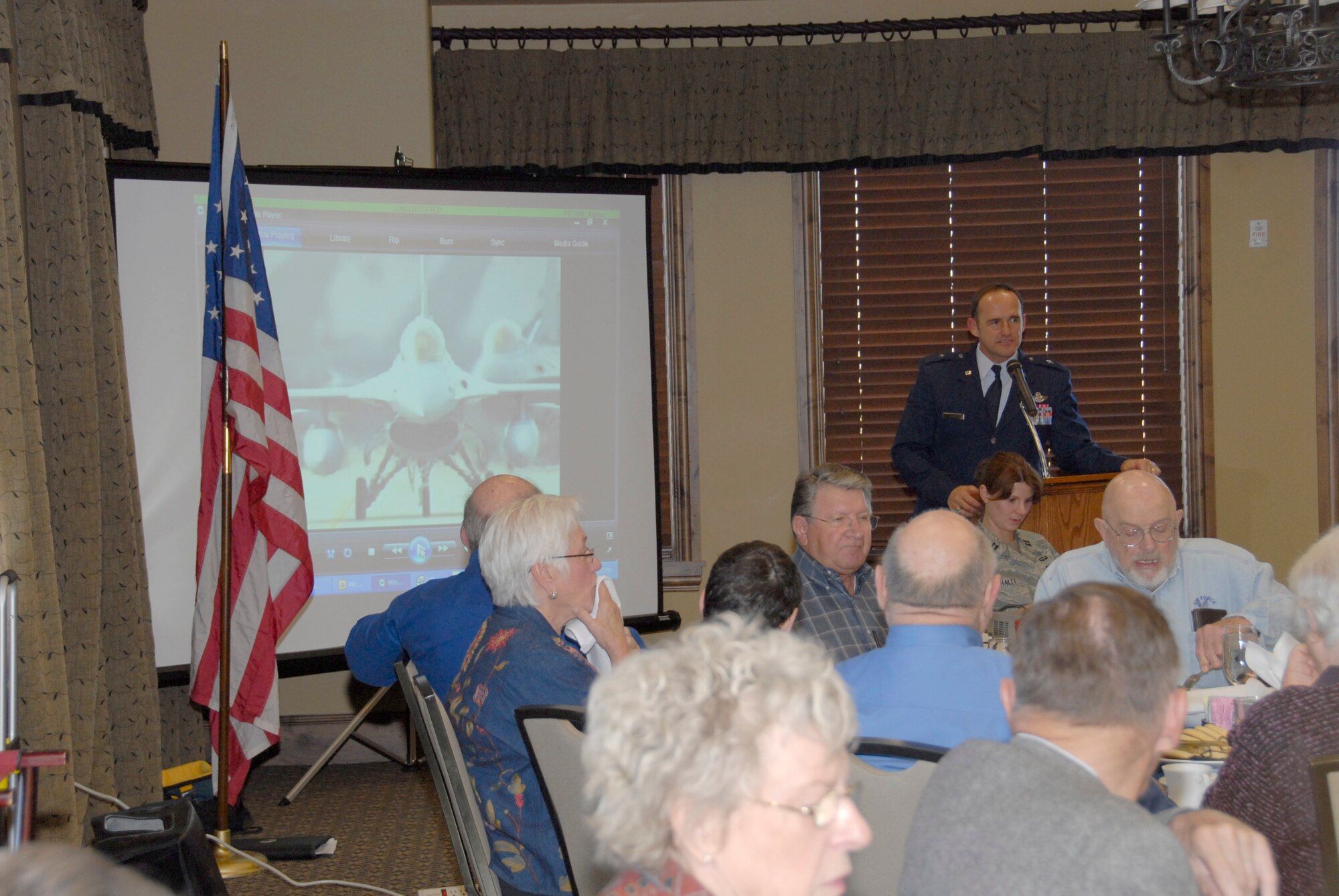 Brigadier General Trulan A. Eyre, 140th Wing Commander address the Air Force Academy Quarterback Club at their quarterly meeting.  General Eyre spoke to the group our their Colorado Air National Guard.