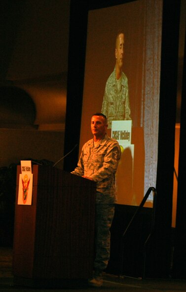 Air Mobility Command command chief, Chief Master Sgt. Joseph E. Barron Jr., addresses attendees to the 2008 Airlift/Tanker Association convention Nov. 7, 2008.  Chief Barron introduced Chief Master Sgt. of the Air Force Rodney J. McKinley.  (U.S. Air Force Photo/Tech. Sgt. Scott T. Sturkol)