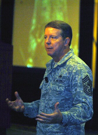 Chief Master Sgt. of the Air Force Rodney J. McKinley talks to several hundred attendees to the 2008 Airlift/Tanker Association convention Nov. 7 in Anaheim, Calif.  Chief McKinley hit on numerous issues across the Air Force and noted that everywhere he goes the "thing that amazes me is our Airmen." (U.S. Air Force Photo/Tech. Sgt. Scott T. Sturkol)