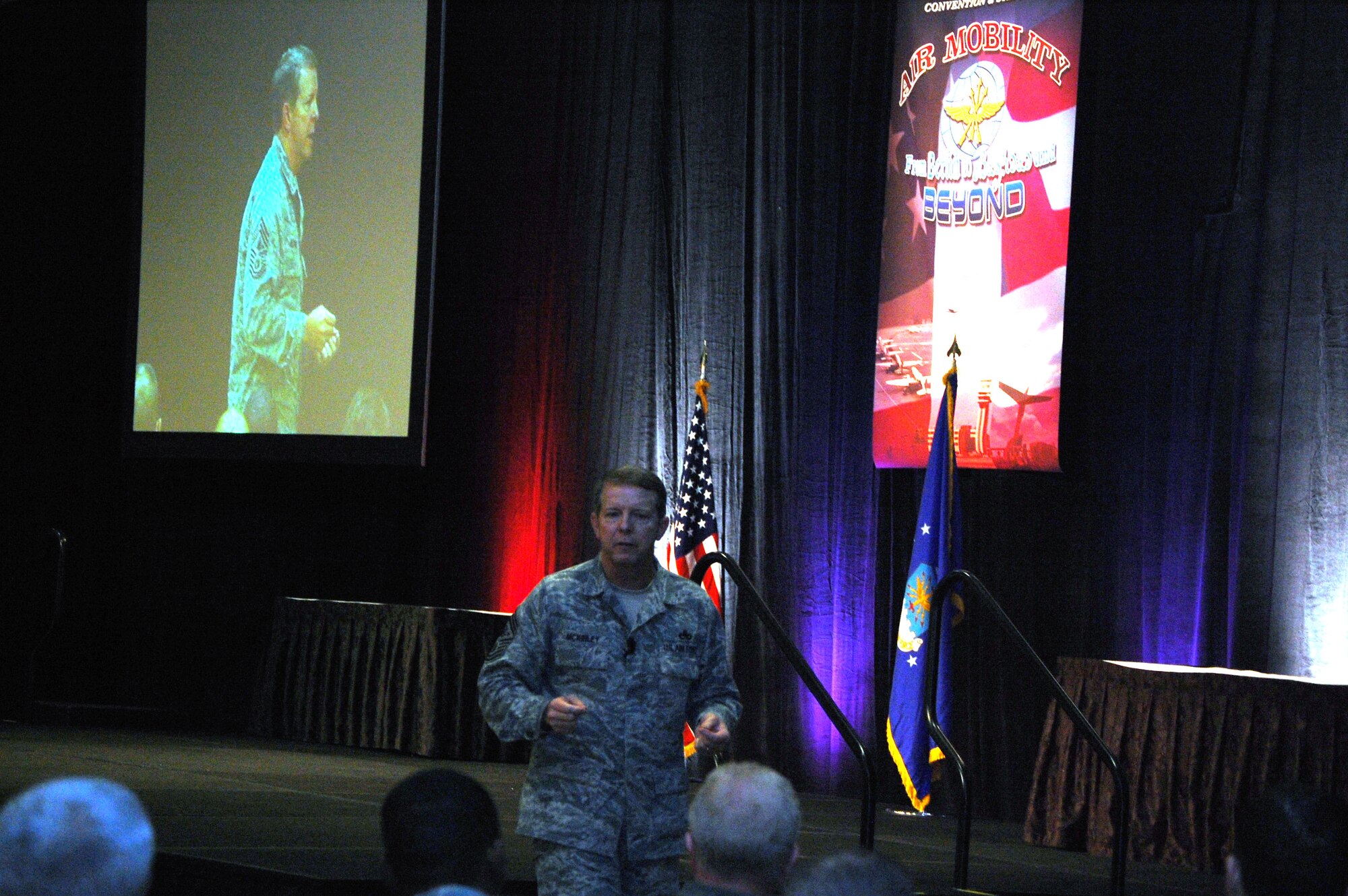 Chief Master Sgt. of the Air Force Rodney J. McKinley talks to several hundred attendees to the 2008 Airlift/Tanker Association convention Nov. 7 in Anaheim, Calif.  Chief McKinley hit on numerous issues across the Air Force and noted that everywhere he goes the "thing that amazes me is our Airmen." (U.S. Air Force Photo/Tech. Sgt. Scott T. Sturkol)