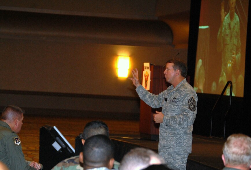 Chief Master Sgt. of the Air Force Rodney J. McKinley talks to several hundred attendees to the 2008 Airlift/Tanker Association convention Nov. 7 in Anaheim, Calif.  Chief McKinley hit on numerous issues across the Air Force and noted that everywhere he goes the "thing that amazes me is our Airmen." (U.S. Air Force Photo/Tech. Sgt. Scott T. Sturkol)