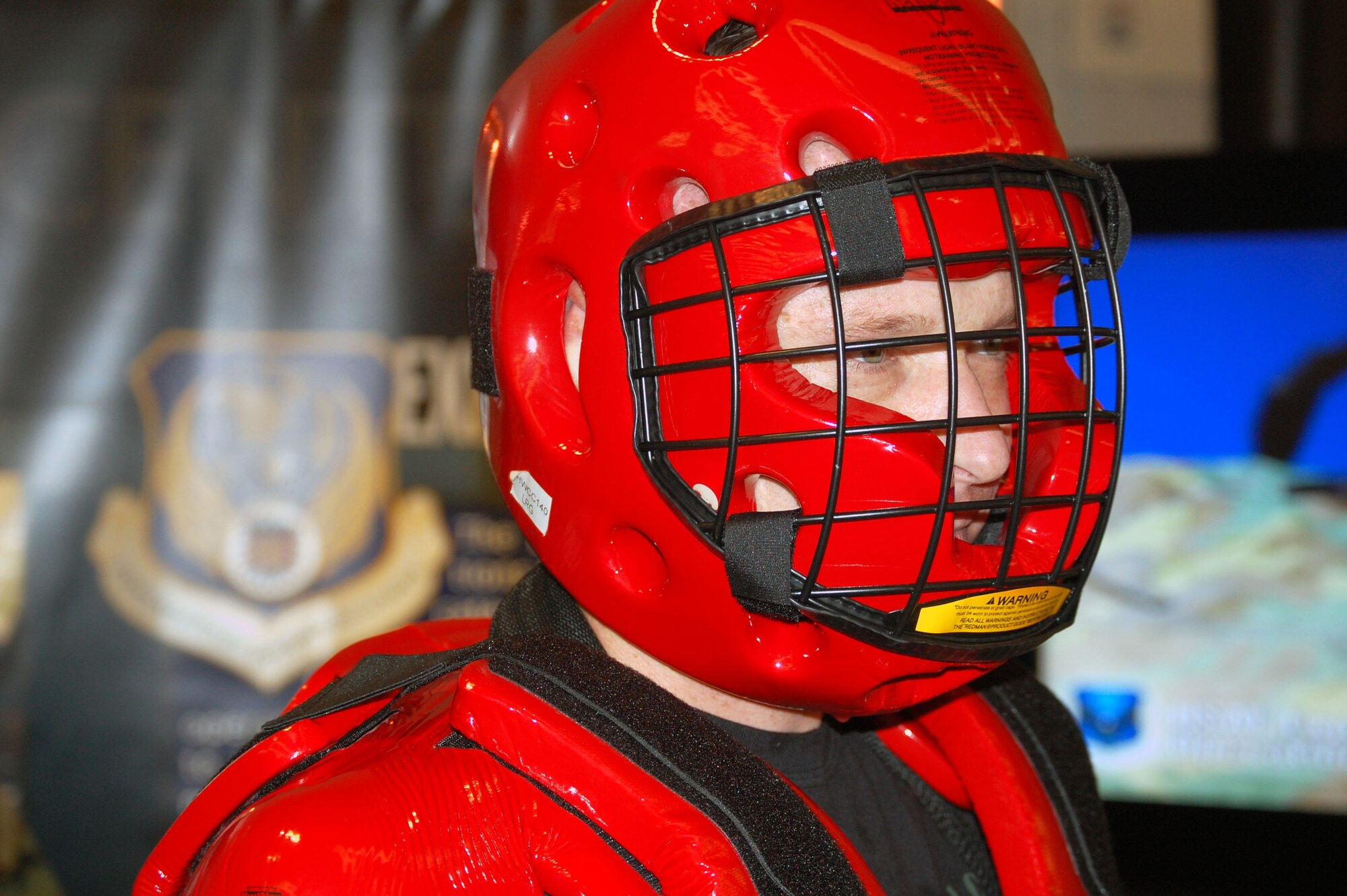 Master Sgt. Scott Pepper, from the U.S. Air Force Expeditionary Center's 421st Combat Training Squadron at Fort Dix, N.J., is dressed in the "red man" suit while performing Phoenix Raven demonstrations in the exhibit hall for the 2008 Airlift/Tanker Association convention Nov. 7 in Anaheim, Calif.  Throughout the convention, Sergeant Pepper and other members of the USAF EC were on hand to not only perform the demonstrations for the thousands of convention attendees, but also to support the center's booth that showed the Expeditionary Center mission.  (U.S. Air Force Photo/Tech. Sgt. Scott T. Sturkol)