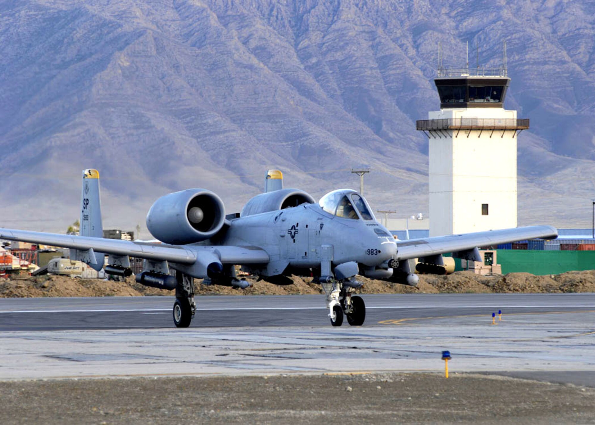 An A-10 Thunderbolt II taxis on the runway at Bagram Airfield, Afghanistan. A-10s provide close-air support and perform sorties providing top cover for ground forces in Southwest Asia. (U.S. Air Force photo/Master Sgt. Demetrius Lester)