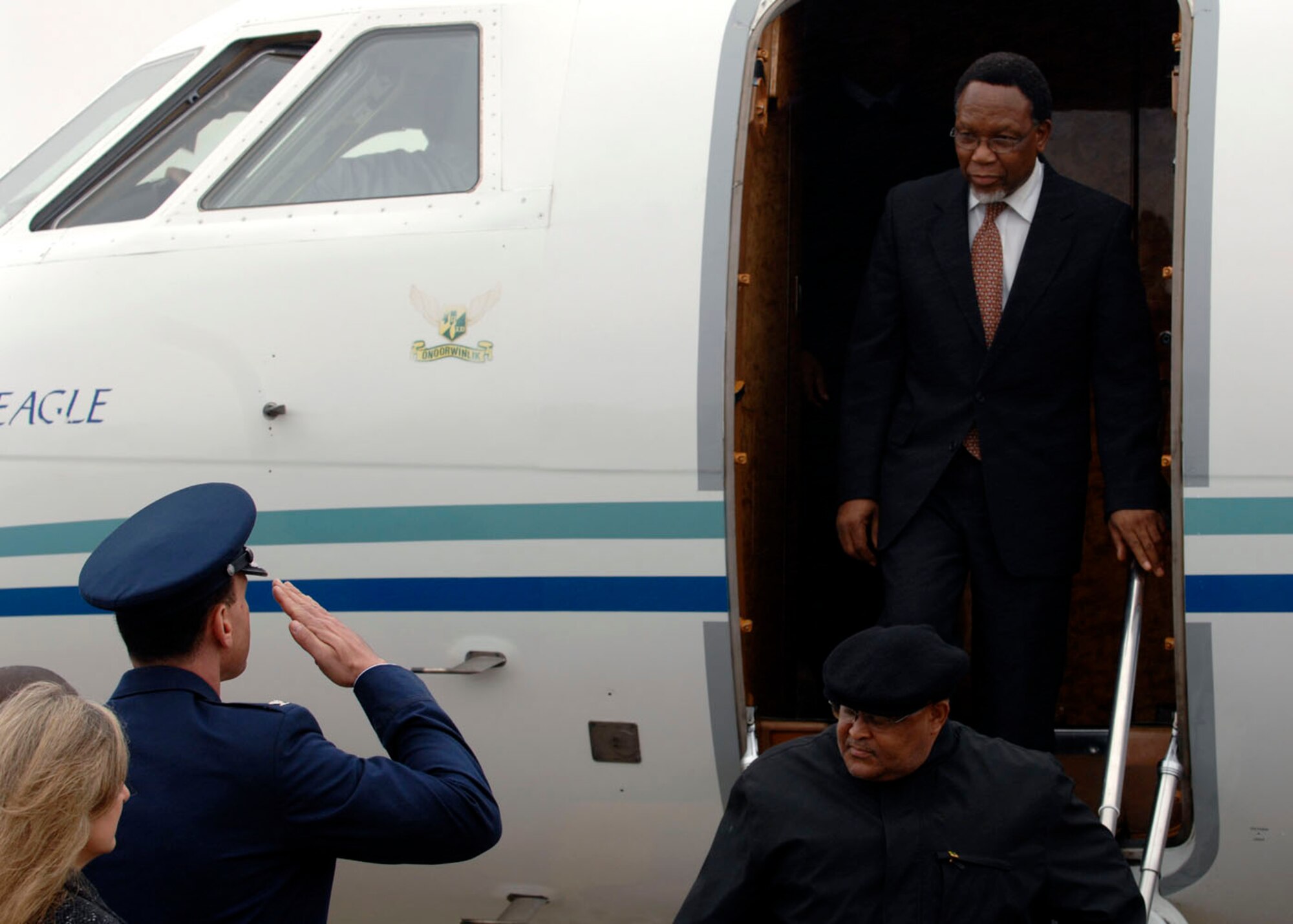 South African President Kgalema Motlanthe lands at Andrews Air Force Base Md., Nov.14, 2008, for the two-day G20 Summit at the White House in Washington. The summit, hosted by U.S. President George W. Bush, will bring together world leaders to discuss the increasing global financial crisis, its causes and efforts to resolve it. (U.S. Air Force photo by Tech. Sgt. Craig Clapper)