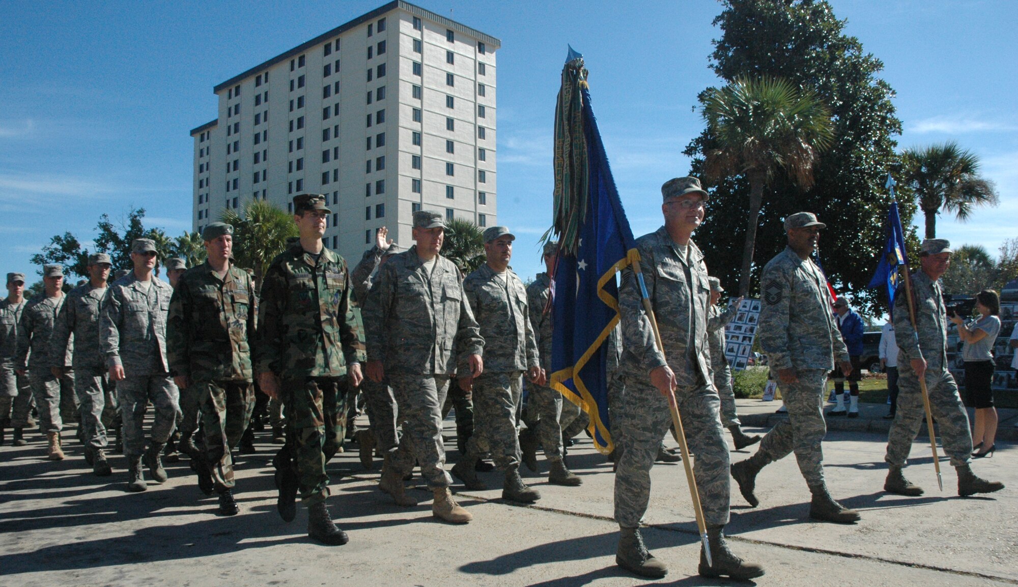 Chief Master Sgt. Benjamin Van Vleet, 325th Fighter Wing command chief master sergeant, leads a formation of more than 120 Airmen from Tyndall Air Force Base during the 2008 Veterans Day Parade in Panama City Tuesday.  The parade, an annual event for Panama City, was composed of elements from the local community, schools and military installations. (USAF photo by SSgt. Timothy Capling) 