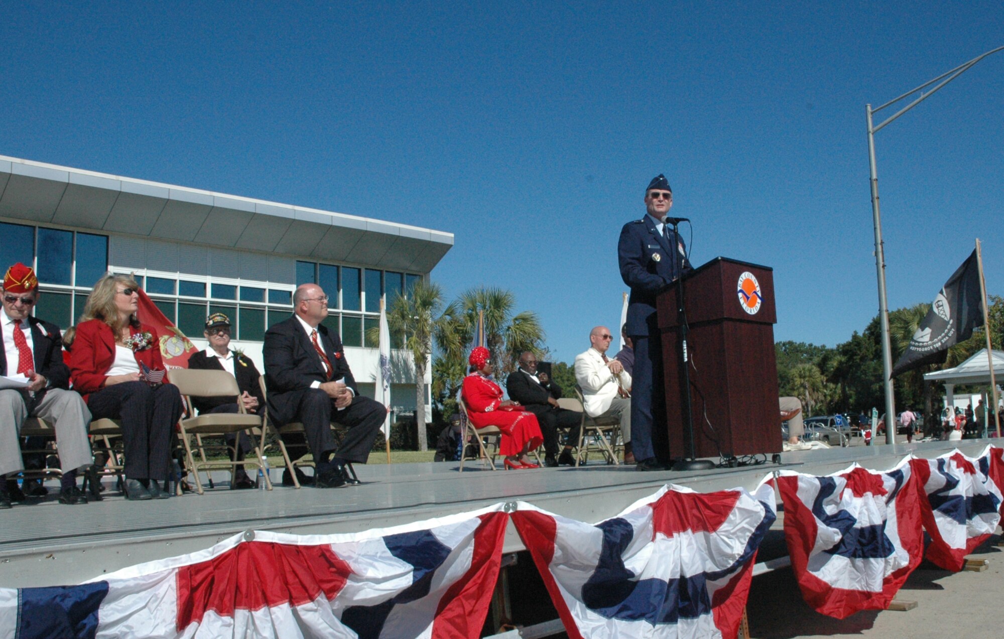 325th Fighter Wing commander, Brig. Gen. Darryl Roberson, delivers a speech at a ceremony held following the 2008 Veteran's Day Parade in Panama City Tuesday.  The commander was the guest speaker for annual event hosted by the Bay County Veteran’s Services office.(USAF photo by SSgt. Timothy Capling) 