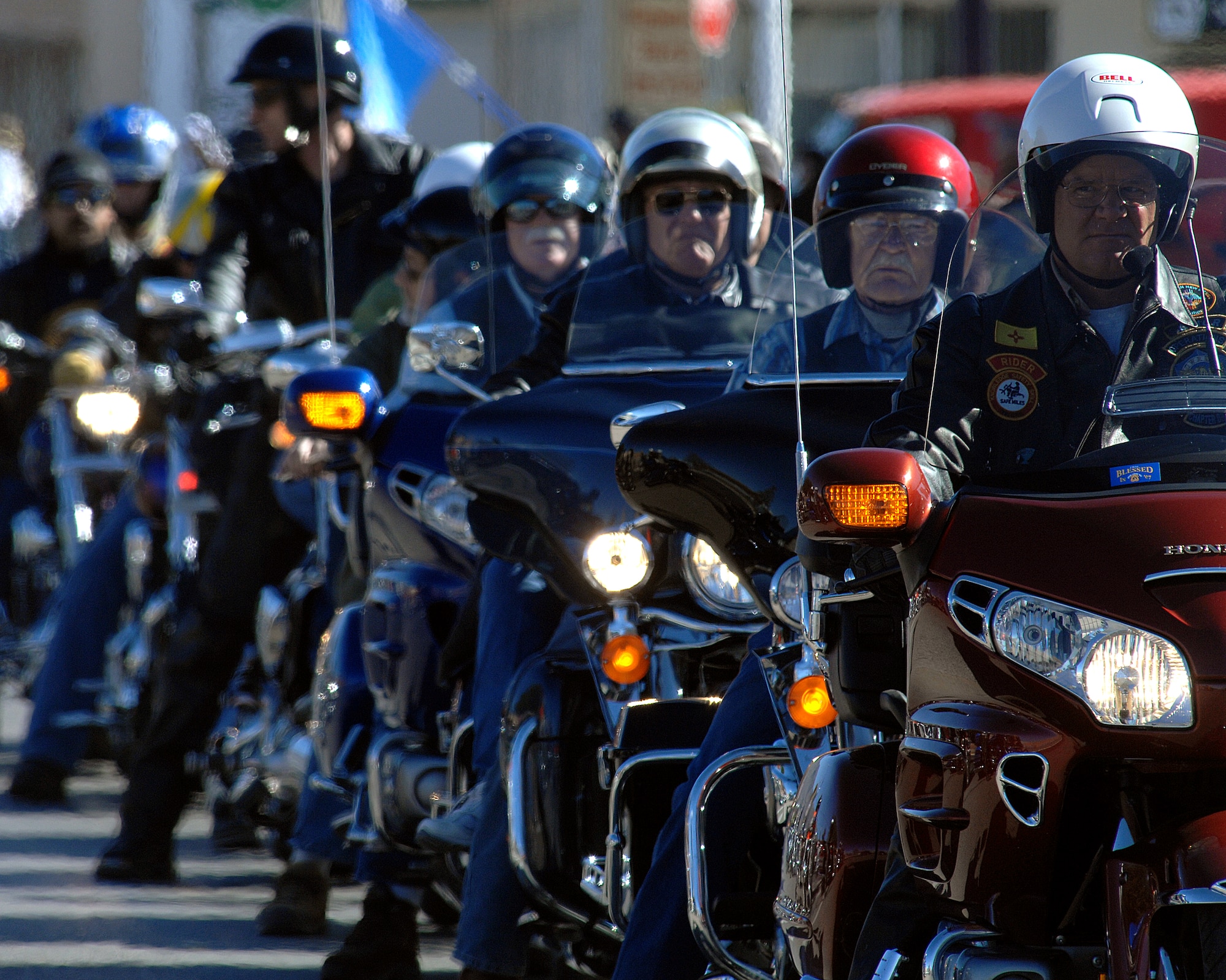 A group of retired and active duty military members ride their motocyles in the Veterans Day parade, Nov. 8, in Alamogordo, N.M. Veterans Day is to honor America's fallen heroes, veterans and members who continue to serve. The Veterans Day National Ceremony is held Nov. 11 each year at Arlington National Cemetery.



(U.S. Air Force photo/ Senior Airman Anthony Nelson)
