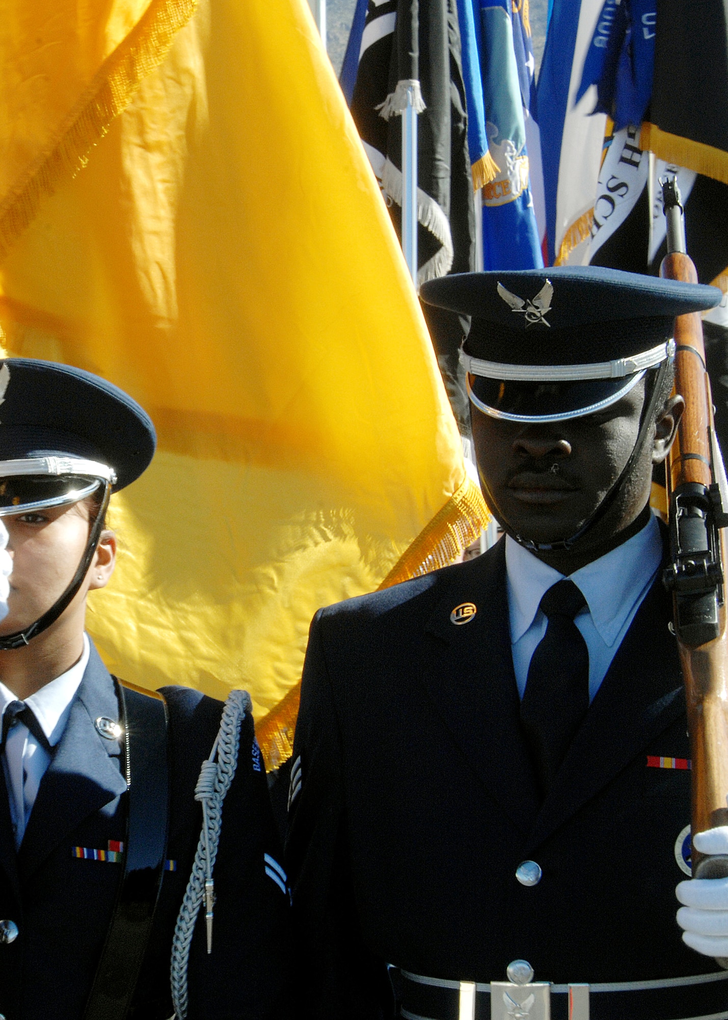 holloman Air Force Base, N.M., Steel Talons Honor Guard members, particapate in the Veterans Day parade, Nov. 8, in Alamogordo, N.M. The duties of the Steel Talons are primarily performing military funerals, postings of the colors and various ceremonies. 

(U.S. Air Force photo/ Senior Airman Anthony Nelson)
