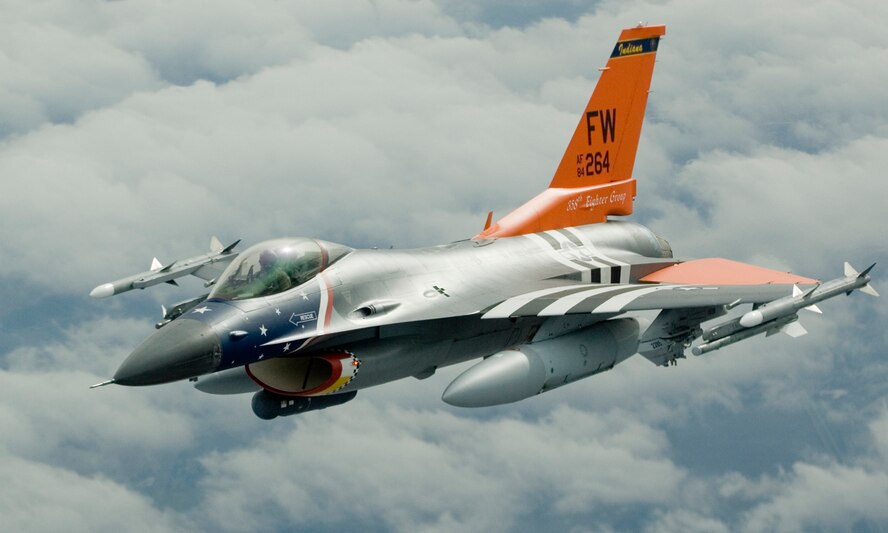 GRISSOM AIR RESERVE BASE, Ind., -- A specially painted F-16 from the 122nd Fighter Wing from the Indiana Air National Guard based out of Fort Wayne, Ind., pulls away from the boom following an aerial refueling with a Grissom KC-135R Stratotanker. The F-16 is designated as a 'Heritage Bird' and is painted to pay homage to the 122nd FW's history. (U.S. Air Force photo/Tech. Sgt. Doug Hays)