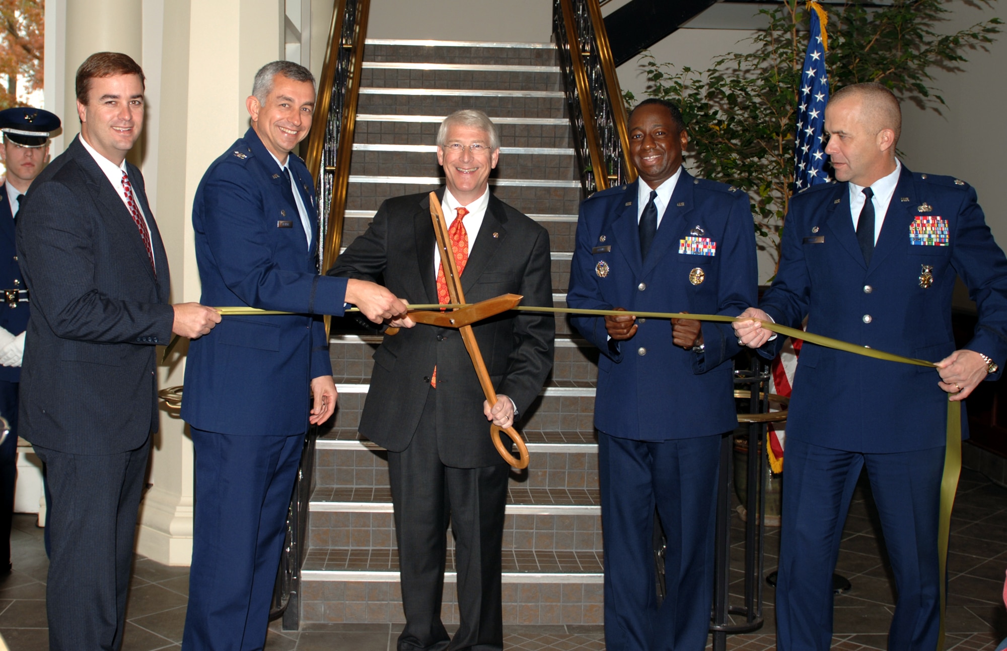 Senator Roger Wicker joined Columbus AFB officials for a ribbon cutting for phase one of the 14th Mission Support Group complex Nov. 12 at Columbus AFB.  Justin Murphee, U.S. Army Corps of Engineers, Col. Roger Watkins, 14th Flying Training Wing commander, Col. Mark Brown, 14th Mission Support Group commander, and Lt. Col. Pete Ridilla, 14th Civil Engineer Squadron commander, join Senator Wicker for the formal ribbon cutting. The 35,000 square foot building took over two years to complete at a cost of $9.98 million dollars. (U.S. Air Force photo by Elizabeth Owens)