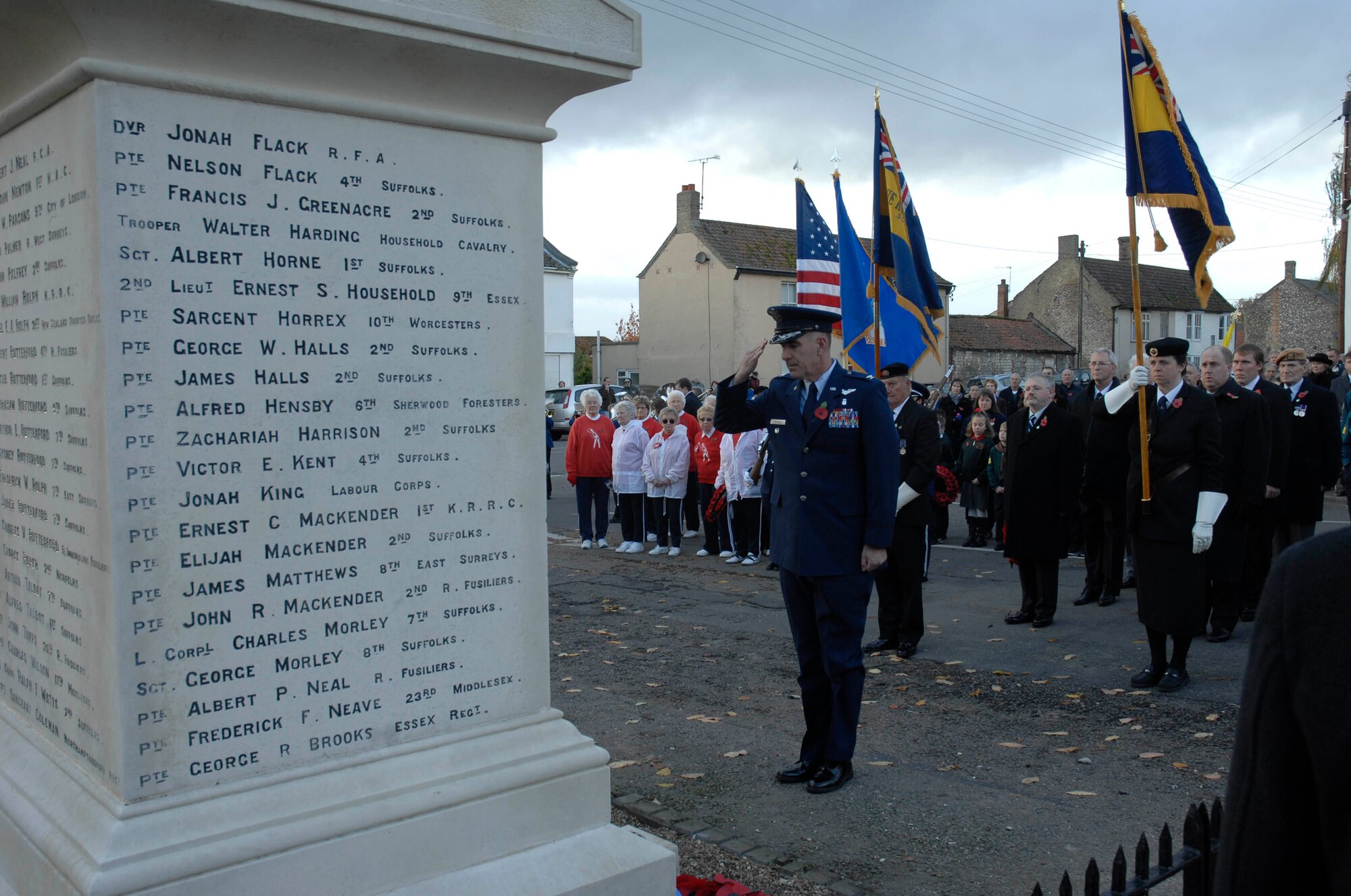 Colonel David Hocking, 48th Medical Group deputy commander, renders a salute in honor of those who fought in wars past at Lakenheath Memorial, England, Nov 9. Airmen from RAF Lakenheath participated in Remembrance Day ceremonies by honoring those who fought by laying wreaths at various memorials throughout East Anglia. (U.S. Air Force photo by Senior Master Sgt. Thomas Wood)
