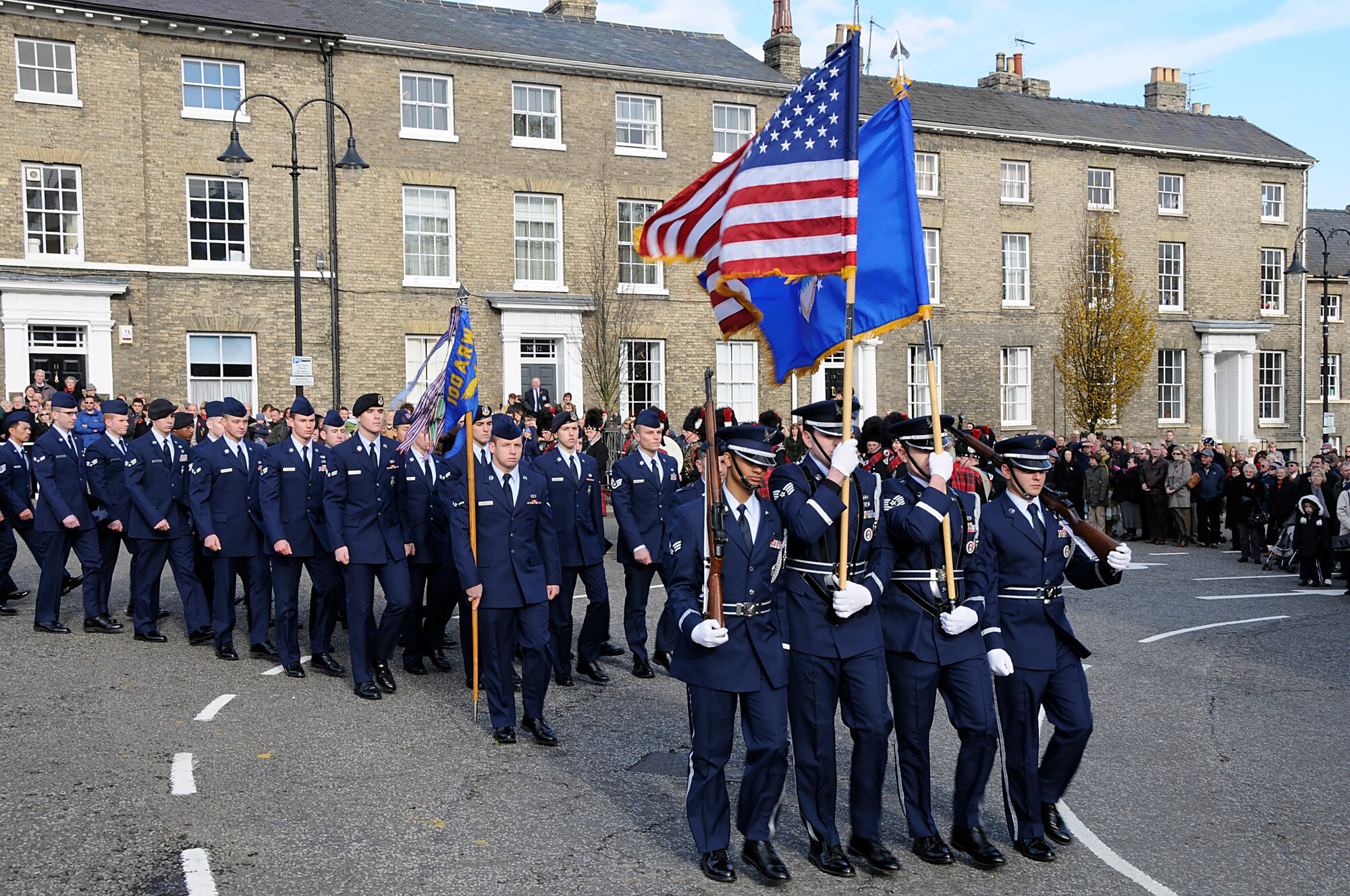 Airmen from RAF Mildenhall march in a Remembrance Day ceremony in Bury St. Edmunds, England, Nov 9. Airmen from RAF Lakenheath and RAF Mildenhall participated in Remembrance Day ceremonies by honoring those who fought by laying wreaths at various memorials throughout East Anglia. (U.S. Air Force photo by Senior Airman Brian J. Ellis)