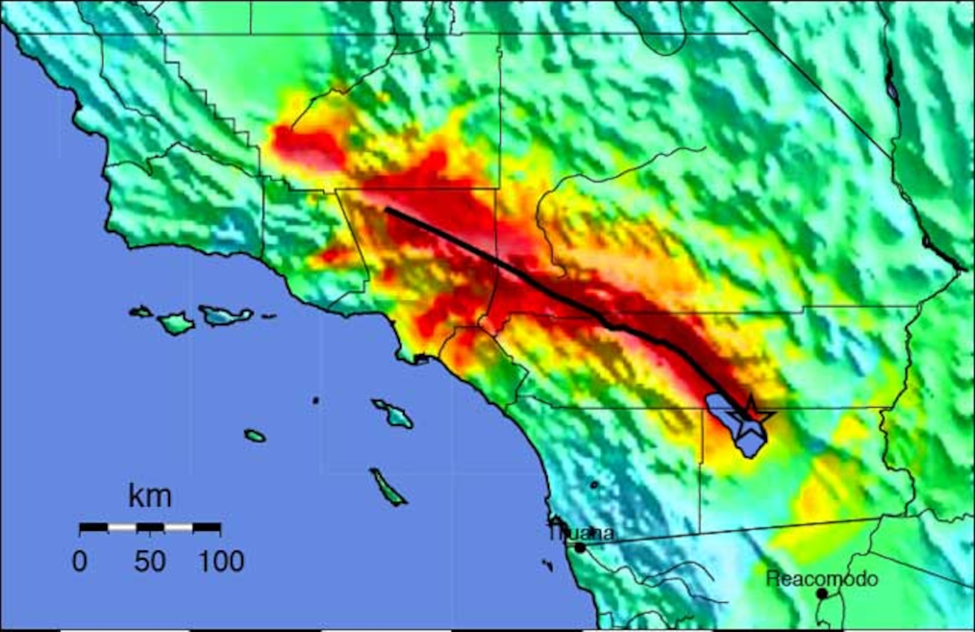 This map shows what a ground shaking would look like during a magnitude 7.8  earthquake on the southern San Andreas fault. The strongest areas of ground shaking are indicated in red.