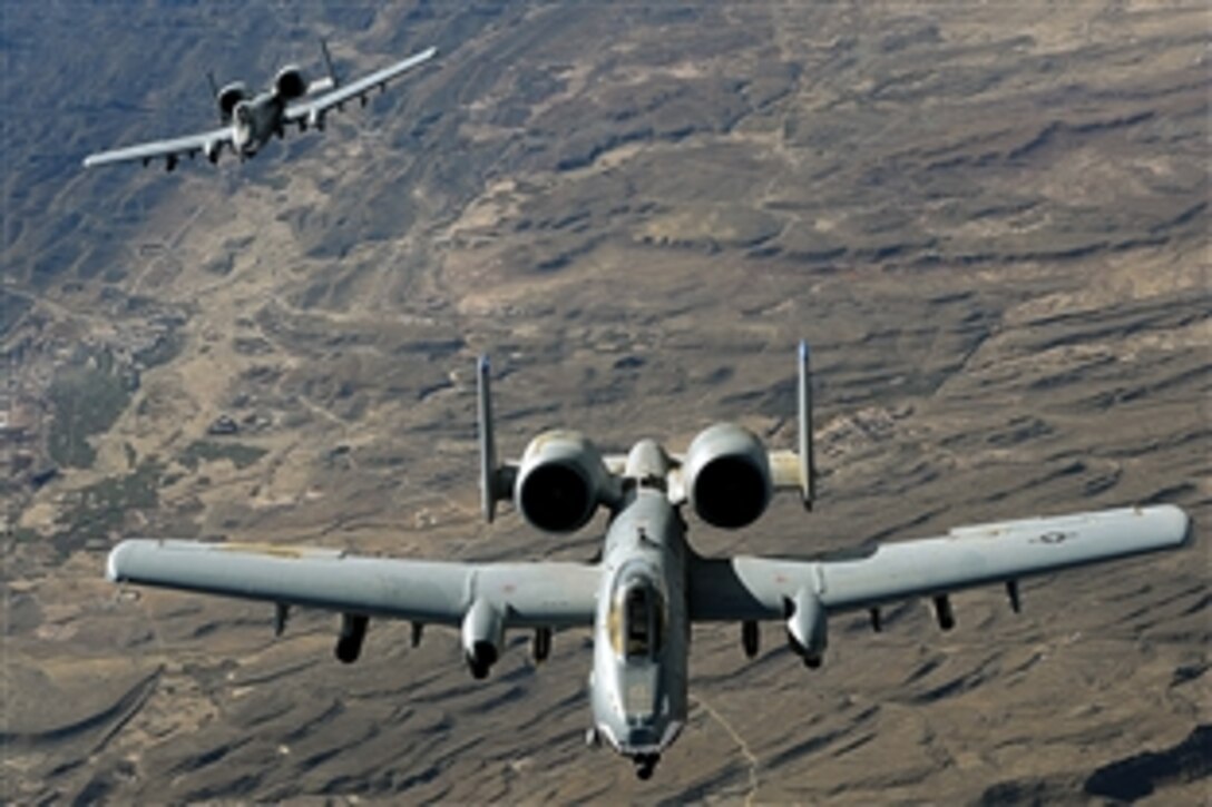A two-ship A-10 Thunderbolt II formation flies a combat mission over Afghanistan, Nov. 7, 2008. The A-10 has excellent maneuverability at low air speeds and altitude, and is a highly accurate weapons-delivery platform.