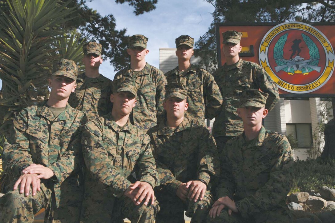 (Top, left to right) Pvt. Colton Oliver, Pfc. Jessie A. McLaughlin, Pvt. John D. Mick, Pfc. Thomas J. O'Brien,  (Bottom, left to right) Pfc. Adam W. Reidling, brothers Pfc. Jeremy C. Hernandez, and Pvt. Joshua D. Hernandez and Pfc. Jedediah J. Stock alerted and helped evacuate the sleeping guests of an America's Best Value Inn in Lake Forest, Calif., after O'Brien discovered a fire near a vending machine area, Nov. 9.