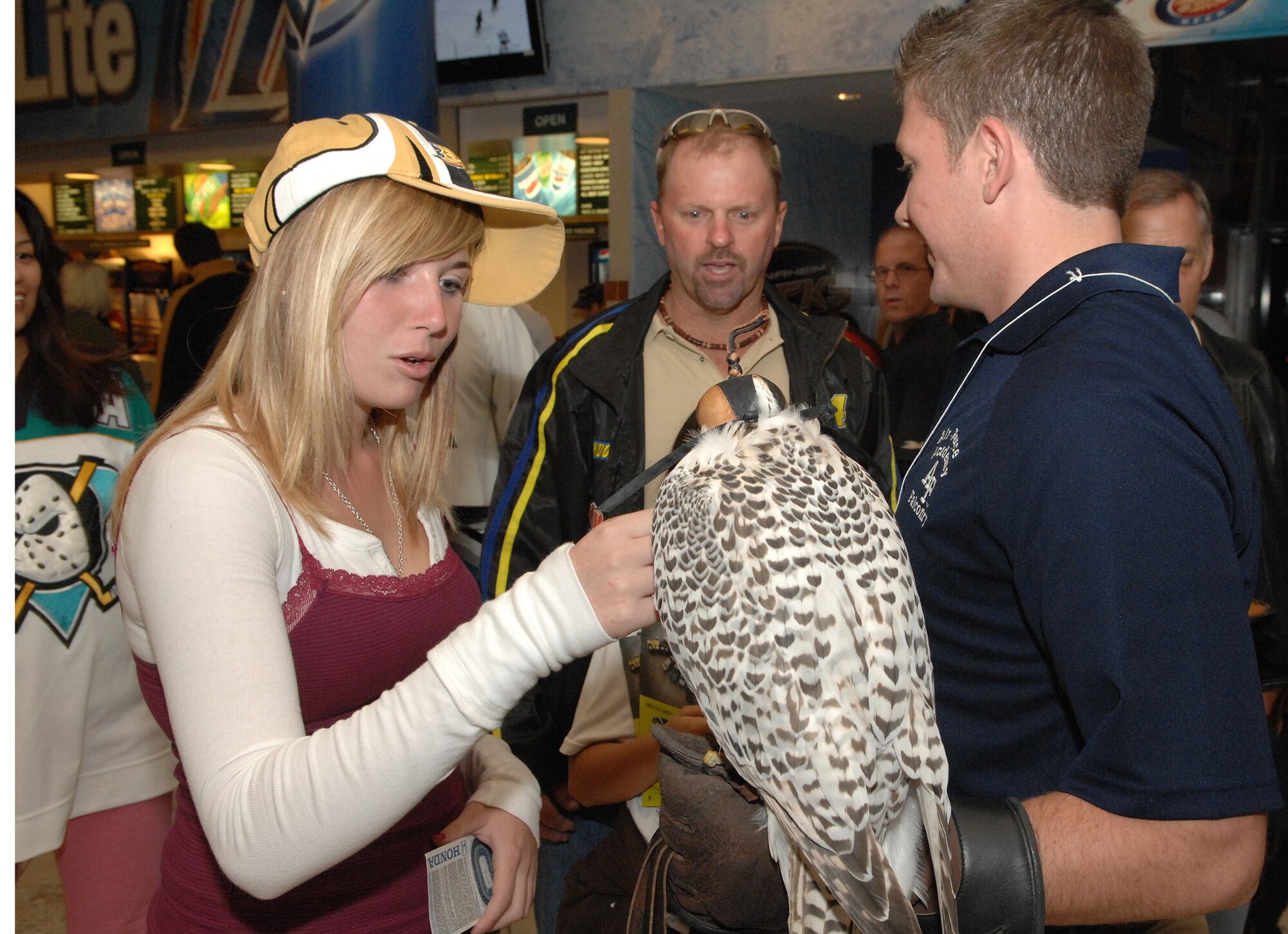 U.S. Air Force Academy Cadet 3rd Class Jeremiah Baxter, a falconer, holds Banshee, a Gyr/Saker Falcon, while hockey fans pet her and ask questions at the Honda Center before the Ducks vs Predators hockey game in Anaheim, Calif. during Air Force Week Nov.14.