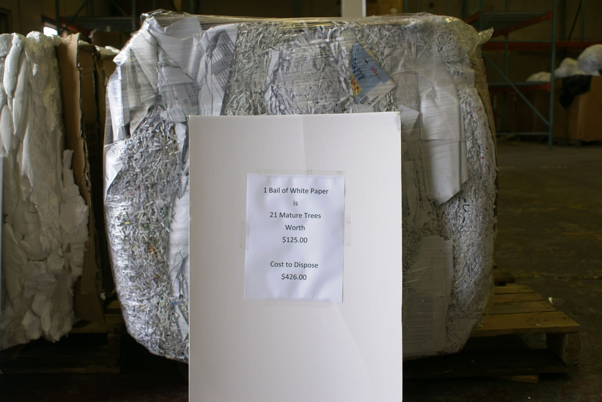 Bail of recycled paper. To help celebrate America Recycles Day, Homestead Air Reserve Base opened a 24-hour, drive-up accumulation point for recyclable materials during a brief ceremony on Nov. 14. Now in its 11th year, America Recycles Day, celebrated on Nov. 15 every year, is  the only nationally recognized day dedicated to encouraging Americans to recycle and to buy recycled products. (U.S. Air Force photo/Nelly Veneros)