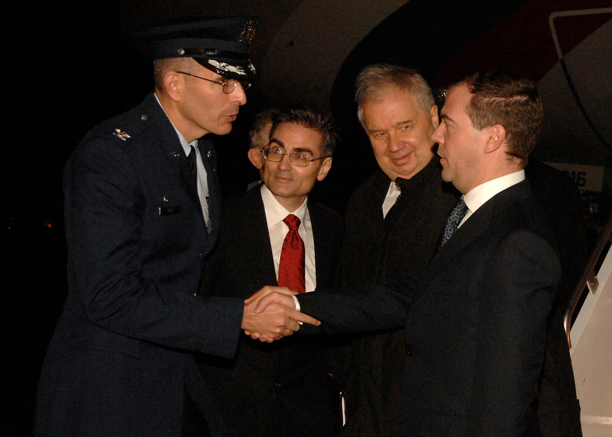 Colonel Clair Gilk, 316th Operations Group commander, greets Russian President Dmitry Medvedev at Andrews Air Force Base, Md., Nov. 14, 2008, for the two-day G20 Summit at the White House in Washington. The summit, hosted by U.S. President George W. Bush, will bring together world leaders to discuss the increasing global financial crisis, its causes and efforts to resolve it. (U.S. Air Force photo by Airman 1st Class Melissa V. Rodrigues)