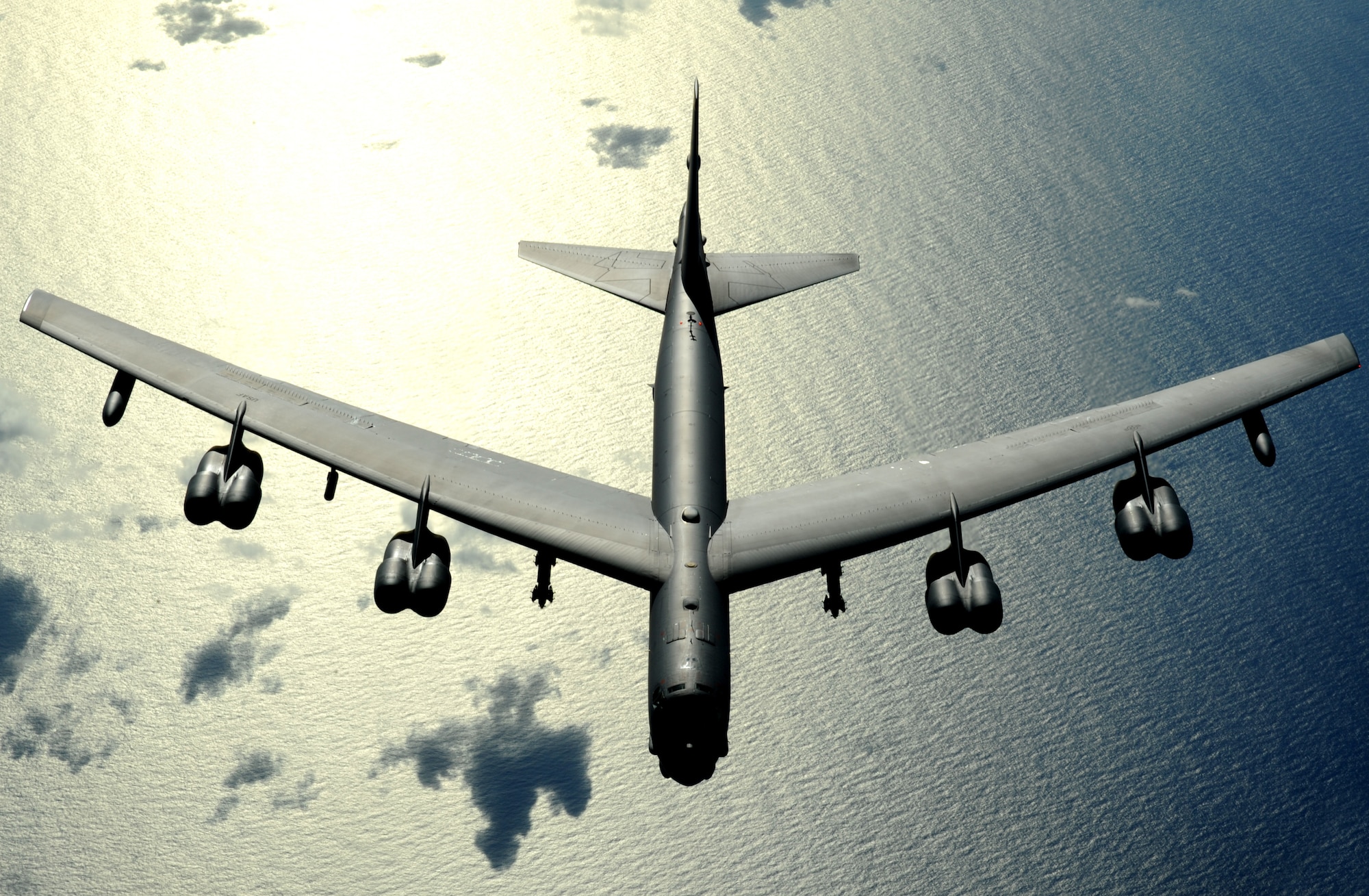 A B-52 Stratofortress from Minot Air Force Base, N.D. flies over the Pacific Ocean on Nov. 12, 2008. The B-52 is deployed to Andersen A.F.B. Guam, 23rd Expeditionary Bomb Squadron and is part of a continuing operation of maintaining a bomber presence in the region. 

(U.S. Air Force photo by: Master Sgt. Kevin J. Gruenwald) released

















  












 

























