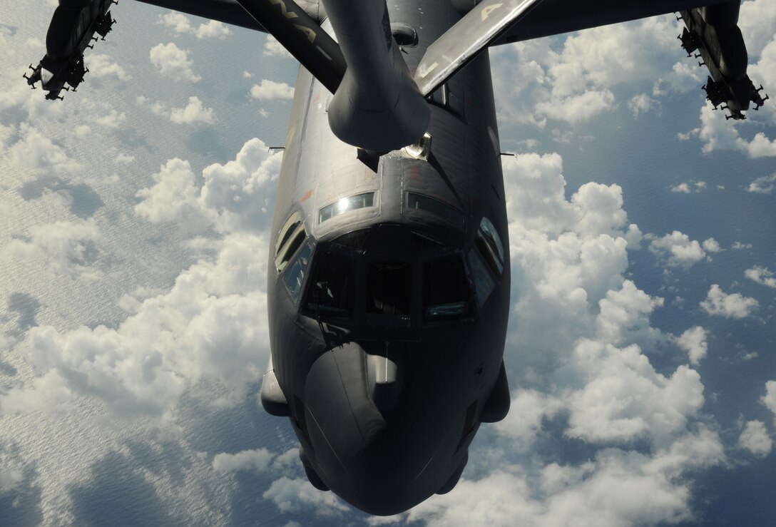A B-52 Stratofortress from Minot Air Force Base, N.D. moves into a pre-contact position to receive fuel from a K-135 Stratotanker over the Pacific Ocean on Nov. 12, 2008. The B-52 is deployed to Andersen A.F.B. Guam, 23rd Expeditionary Bomb Squadron and is part of a continuing operation of maintaining a bomber presence in the region. The KC-135 is assigned to the 171st Air Refueling Wing Pennsylvania Air National Guard and is deployed to Andersen A.F.B in support of Pacific theater refueling operations.

(U.S. Air Force photo by: Master Sgt. Kevin J. Gruenwald) released

















  












 


























