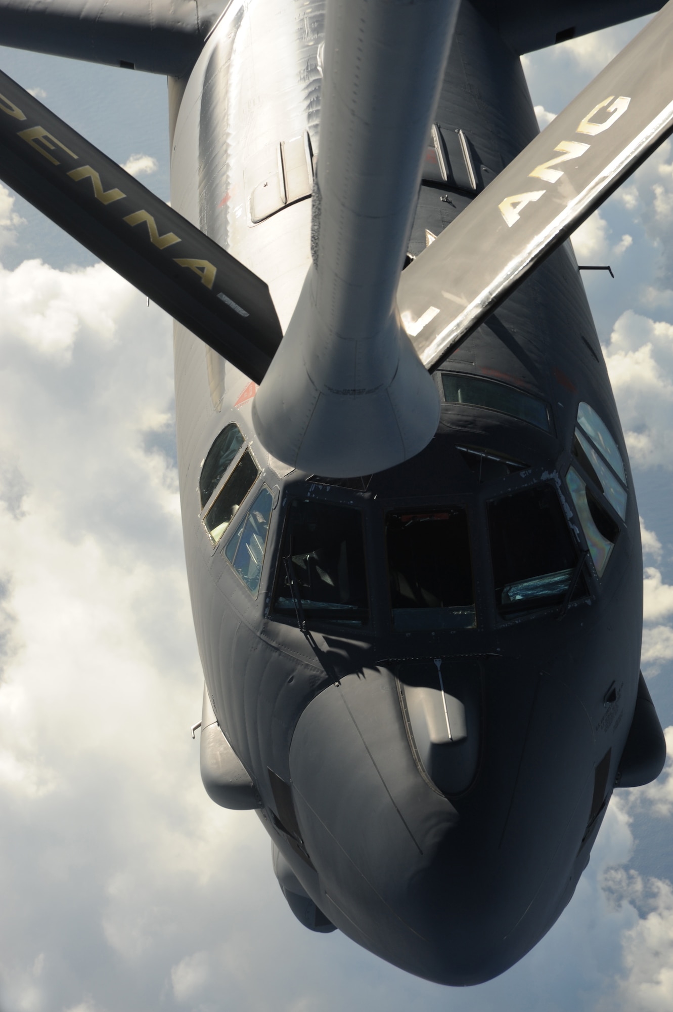 A B-52 Stratofortress from Minot Air Force Base, N.D. moves into a pre-contact position to receive fuel from a K-135 Stratotanker over the Pacific Ocean on Nov. 12, 2008. The B-52 is deployed to Andersen A.F.B. Guam, 23rd Expeditionary Bomb Squadron and is part of a continuing operation of maintaining a bomber presence in the region. The KC-135 is assigned to the 171st Air Refueling Wing Pennsylvania Air National Guard and is deployed to Andersen A.F.B in support of Pacific theater refueling operations.(U.S. Air Force photo by: Master Sgt. Kevin J. Gruenwald) released   