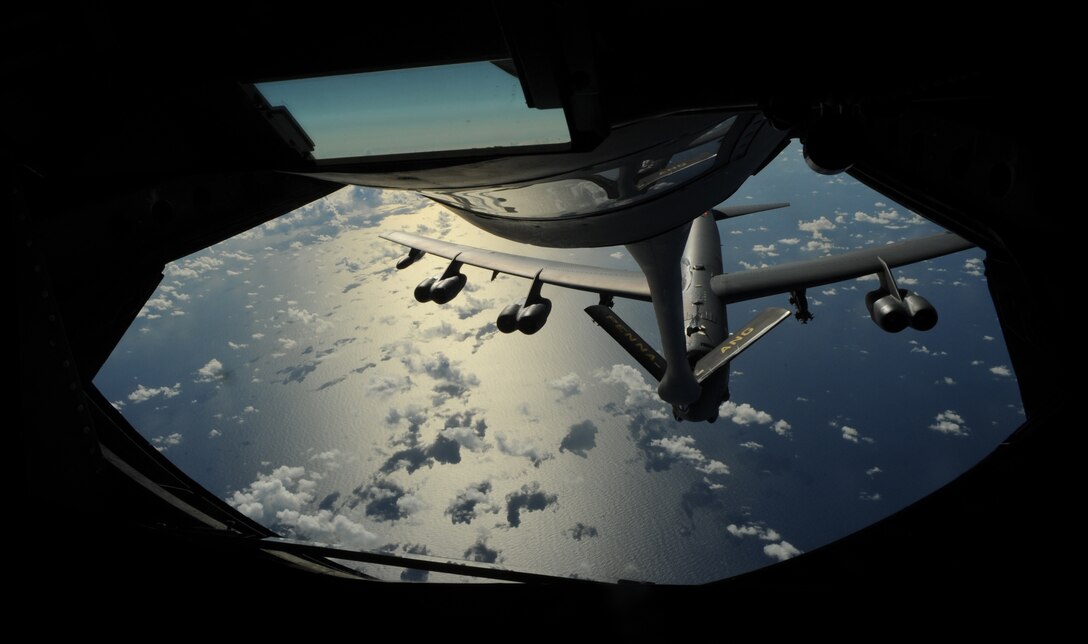 A B-52 Stratofortress from Minot Air Force Base, N.D. moves into a pre-contact position to receive fuel from a K-135 Stratotanker over the Pacific Ocean on Nov. 12, 2008. The B-52 is deployed to Andersen A.F.B. Guam, 23rd Expeditionary Bomb Squadron and is part of a continuing operation of maintaining a bomber presence in the region. The KC-135 is assigned to the 171st Air Refueling Wing Pennsylvania Air National Guard and is deployed to Andersen A.F.B in support of Pacific theater refueling operations.

(U.S. Air Force photo by: Master Sgt. Kevin J. Gruenwald) released

















  












 

























A B-52 Stratofortress from Minot Air Force Base, N.D. moves into a pre-contact position to receive fuel from a K-135 Stratotanker over the Pacific Ocean on Nov. 12, 2008. The B-52 is deployed to Andersen A.F.B. Guam, 23rd Expeditionary Bomb Squadron and is part of a continuing operation of maintaining a bomber presence in the region. The KC-135 is assigned to the 171st Air Refueling Wing Pennsylvania Air National Guard and is deployed to Andersen A.F.B in support of Pacific theater refueling operations.

(U.S. Air Force photo by: Master Sgt. Kevin J. Gruenwald) released

















  












 

























