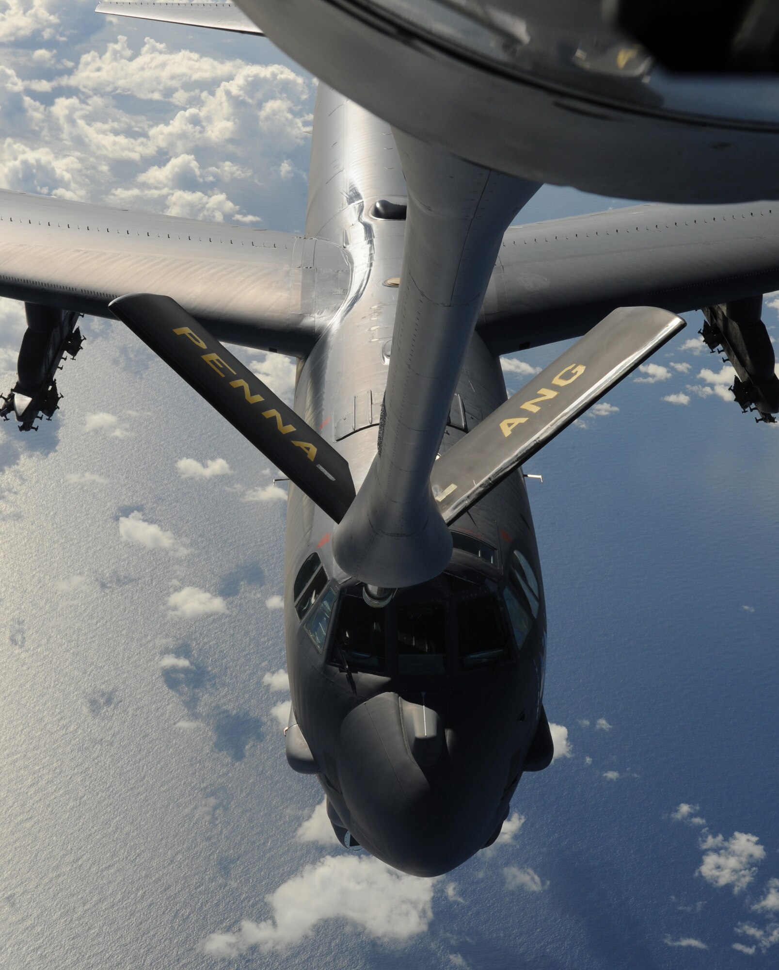 A B-52 Stratofortress from Minot Air Force Base, N.D. moves into pre-contact position to receive fuel from a K-135 Stratotanker over the Pacific Ocean on Nov. 12, 2008. The B-52 is deployed to Andersen A.F.B., Guam and is part of a continuing operation of maintaining a bomber presence in the region. The KC-135 is assigned to the 171 Air National Guard, Air Refueling Wing, Pittsburg, Pennsylvania and is deployed to Andersen A.F.B in support of Pacific theater refueling operations.

(U.S. Air Force photo by: Master Sgt. Kevin J. Gruenwald) released














  












 

























A B-52 Stratofortress from Minot Air Force Base, N.D. moves into a pre-contact position to receive fuel from a K-135 Stratotanker over the Pacific Ocean on Nov. 12, 2008. The B-52 is deployed to Andersen A.F.B. Guam, 23rd Expeditionary Bomb Squadron and is part of a continuing operation of maintaining a bomber presence in the region. The KC-135 is assigned to the 171st Air Refueling Wing Pennsylvania Air National Guard and is deployed to Andersen A.F.B in support of Pacific theater refueling operations.

(U.S. Air Force photo by: Master Sgt. Kevin J. Gruenwald) released

















  












 

























