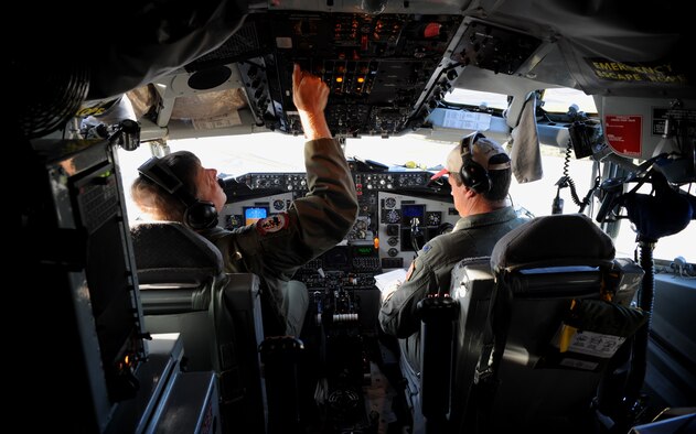 (left) Pilots Lt. Col. Jim Brown and Lt. Col. Dave Jackson perform pre-flight KC-135 Stratanker checks prior to a B-52 Stratofortress refueling mission originating from Andersen Air Force Base, Guam on Nov. 12, 2008. Both are assigned to the 171st Air Refueling Wing Pennsylvania Air National Guard deployed to Andersen A.F.B. in support of Pacific theater refueling operations.(U.S. Air Force photo by: Master Sgt. Kevin J. Gruenwald) released   