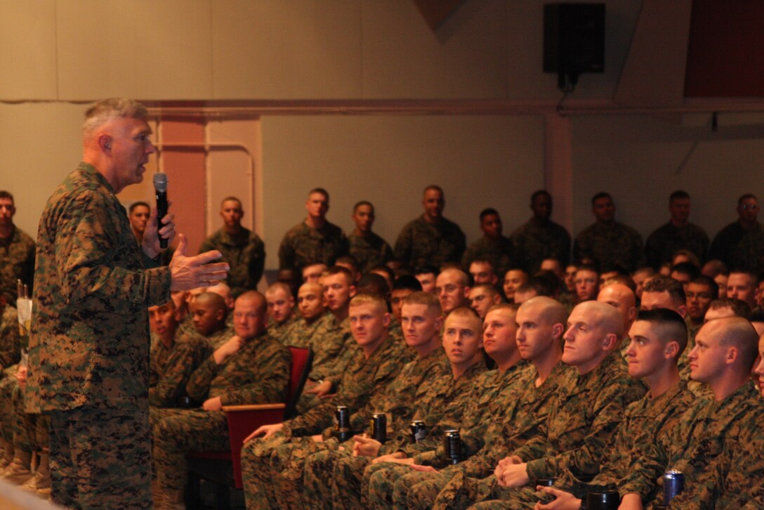 Gen. James T. Conway, Commandant of the Marine Corps, spoke to Combat Center Marines, sailors, civilians and family members during his visit along with the Sergeant Major of the Marine Corps’, Sgt. Maj. Carlton W. Kent. Both men spoke to base personnel at an open forum at the Sunset Cinema Nov. 17.